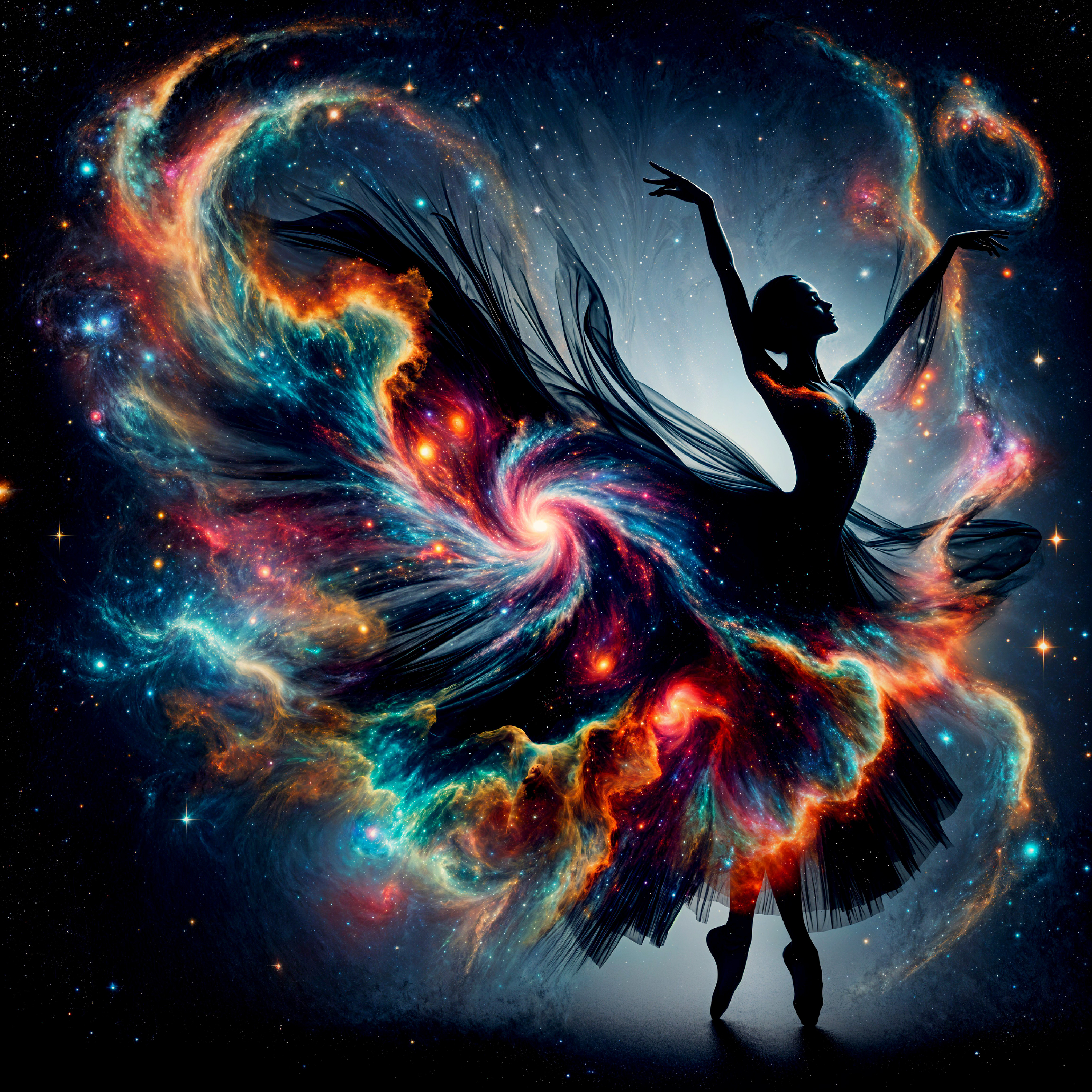 Dancer Silhouette in a Colorful Cosmic Galaxy