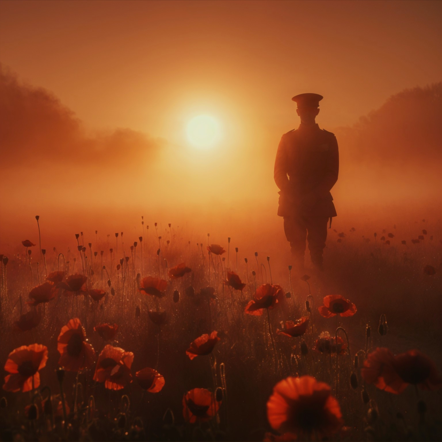 Soldier Silhouette in Poppy Field at Sunrise