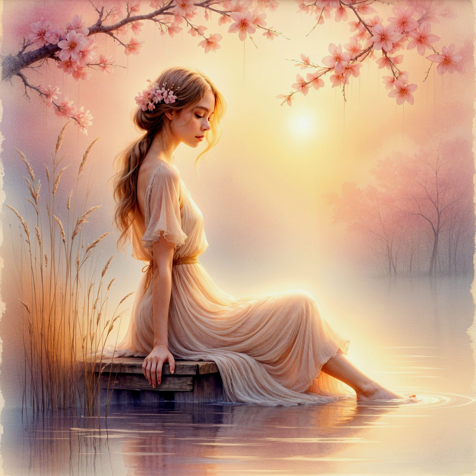 Young woman in pink gown by tranquil lake at sunset