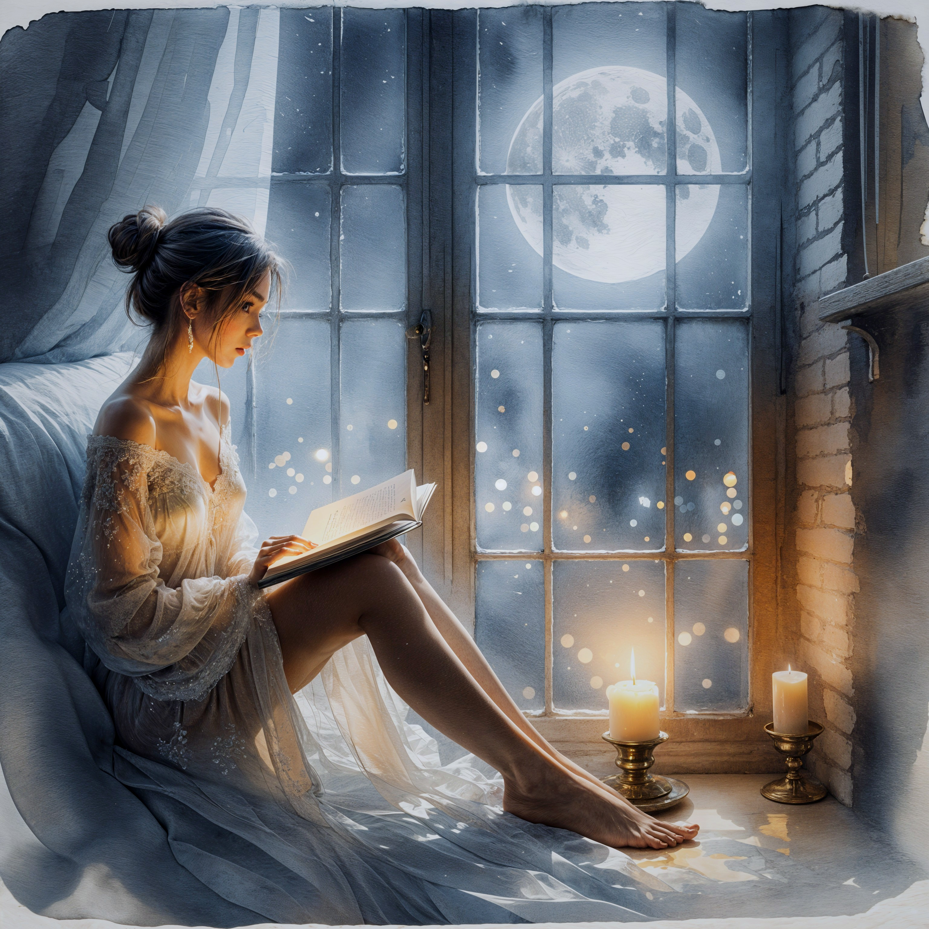 Young Woman Reading by a Window in Moonlight