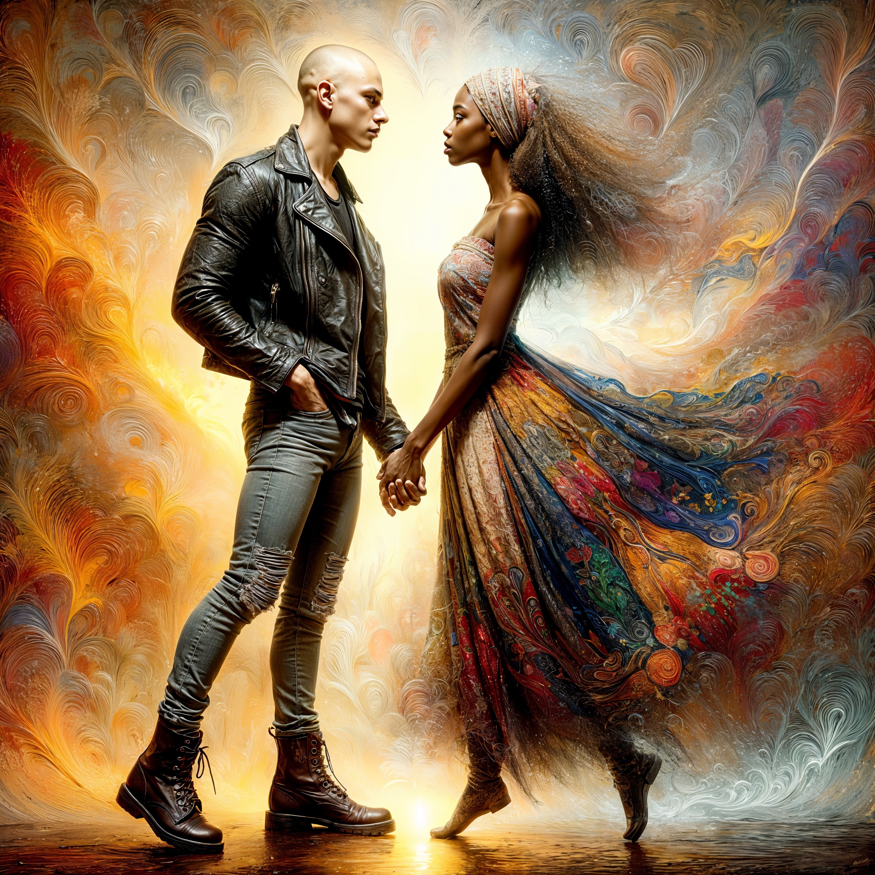 Bald Man and Woman in Vibrant Dress Against Fiery Background
