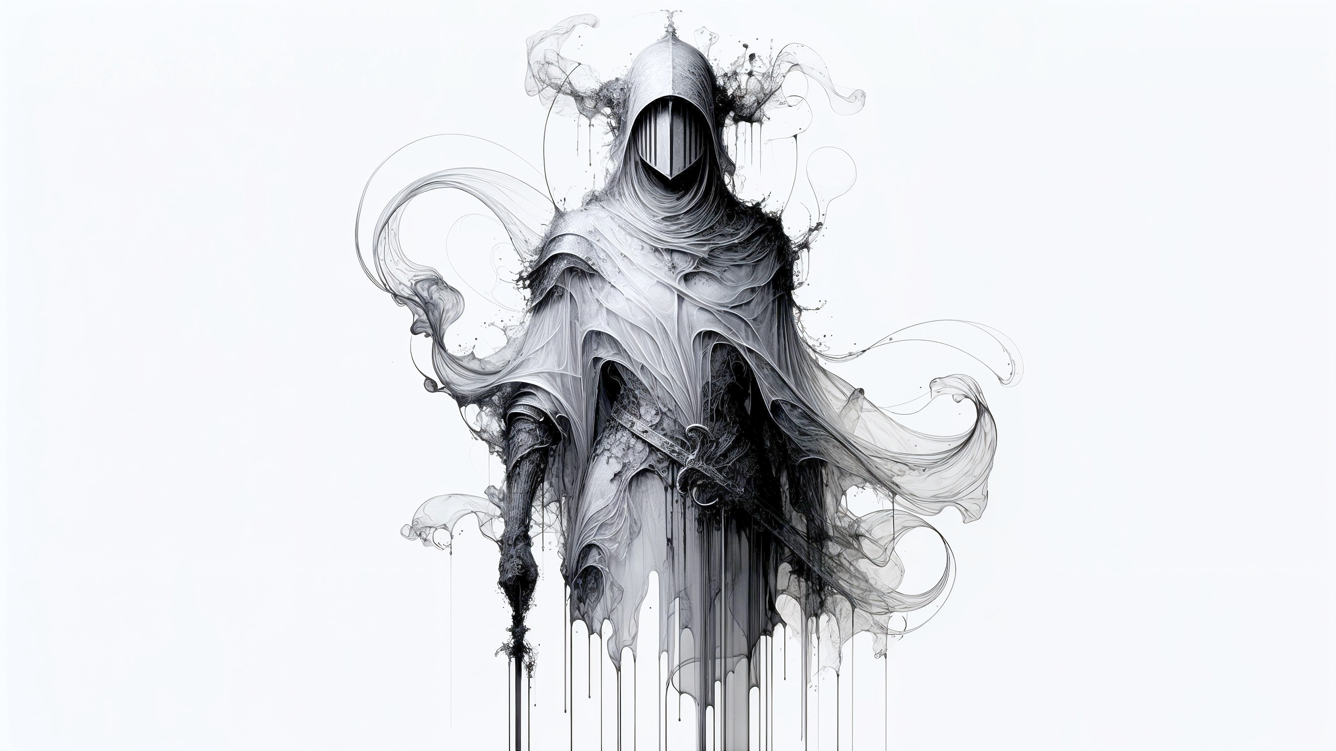 Mysterious cloaked figure with sword and flowing fabrics