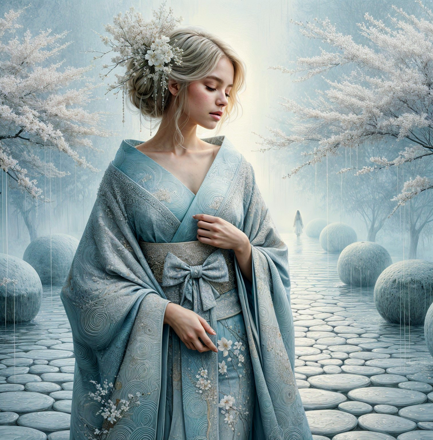 Young Woman in Light Blue Kimono Amid Cherry Blossoms