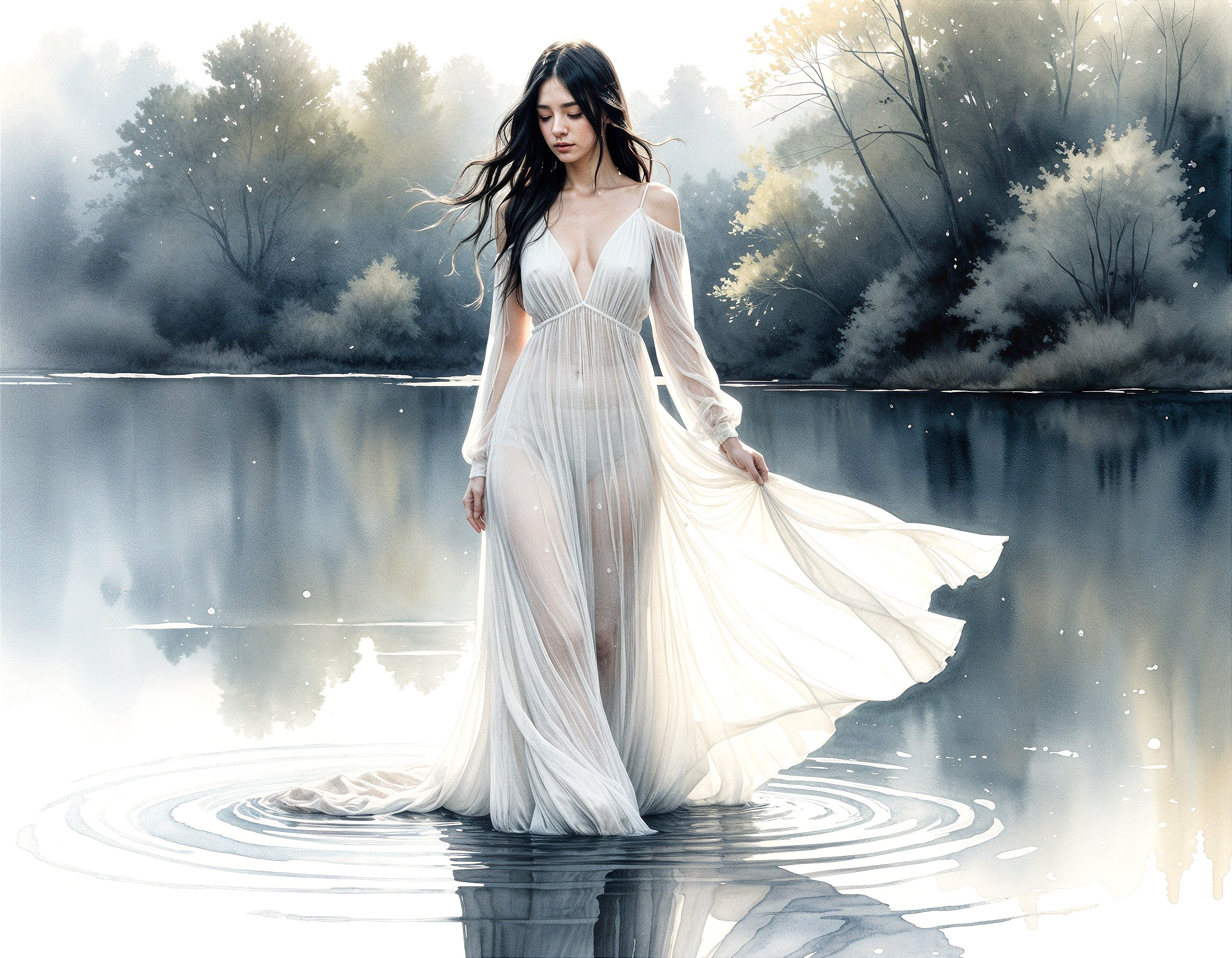 Woman in White Gown by Tranquil Lakeside at Dawn