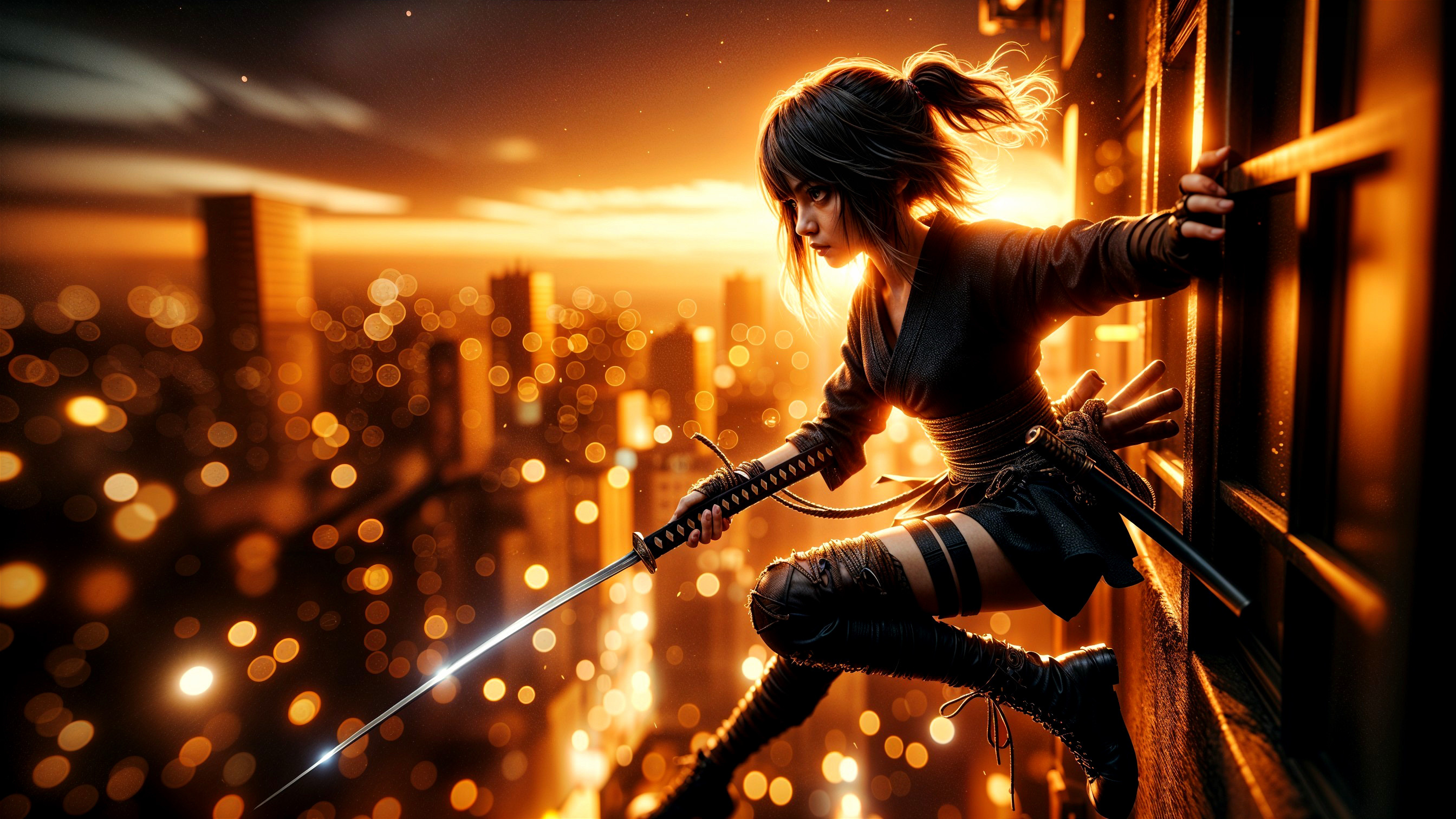 Ninja on Skyscraper at Sunset with City Skyline