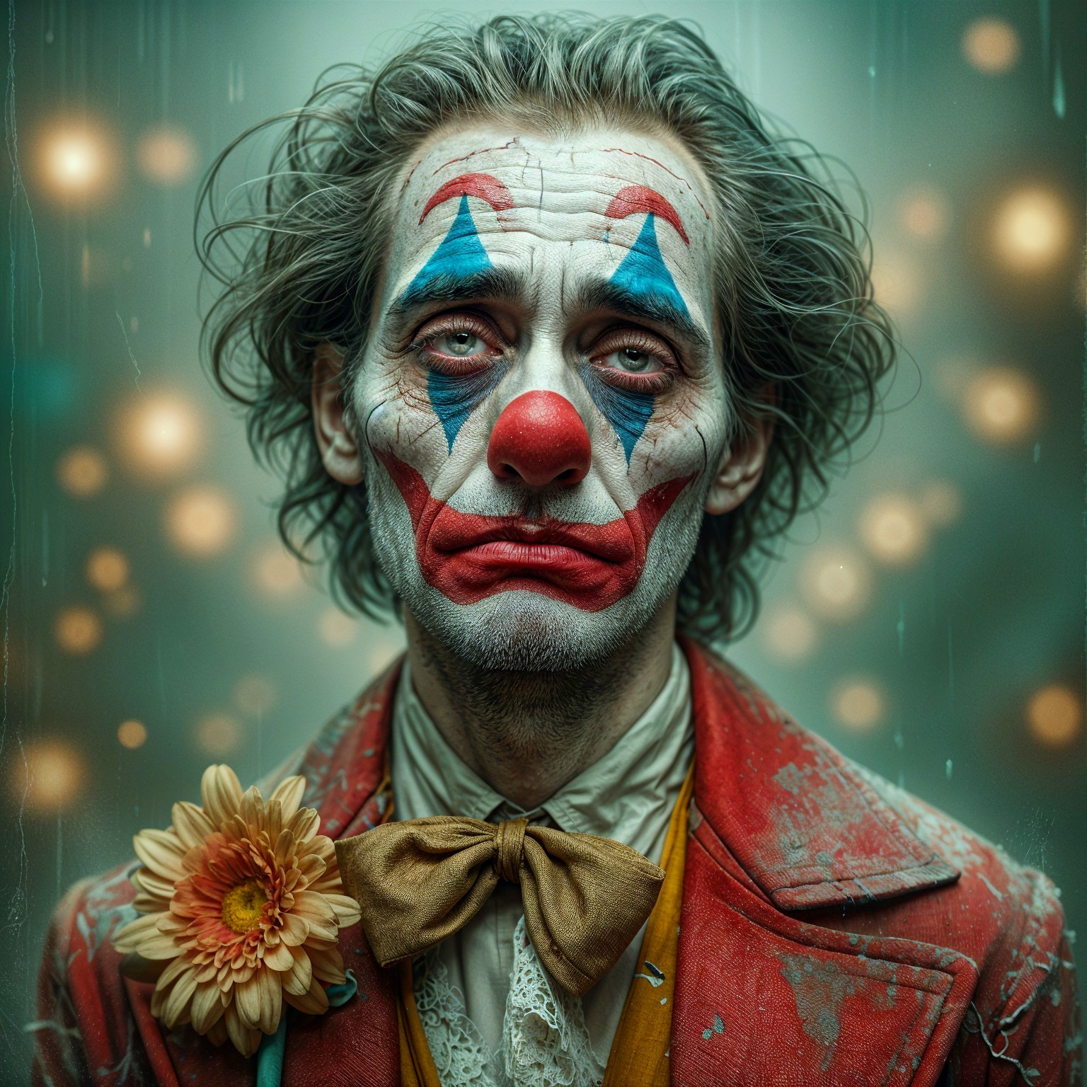 Forlorn clown with vibrant face paint and tattered coat
