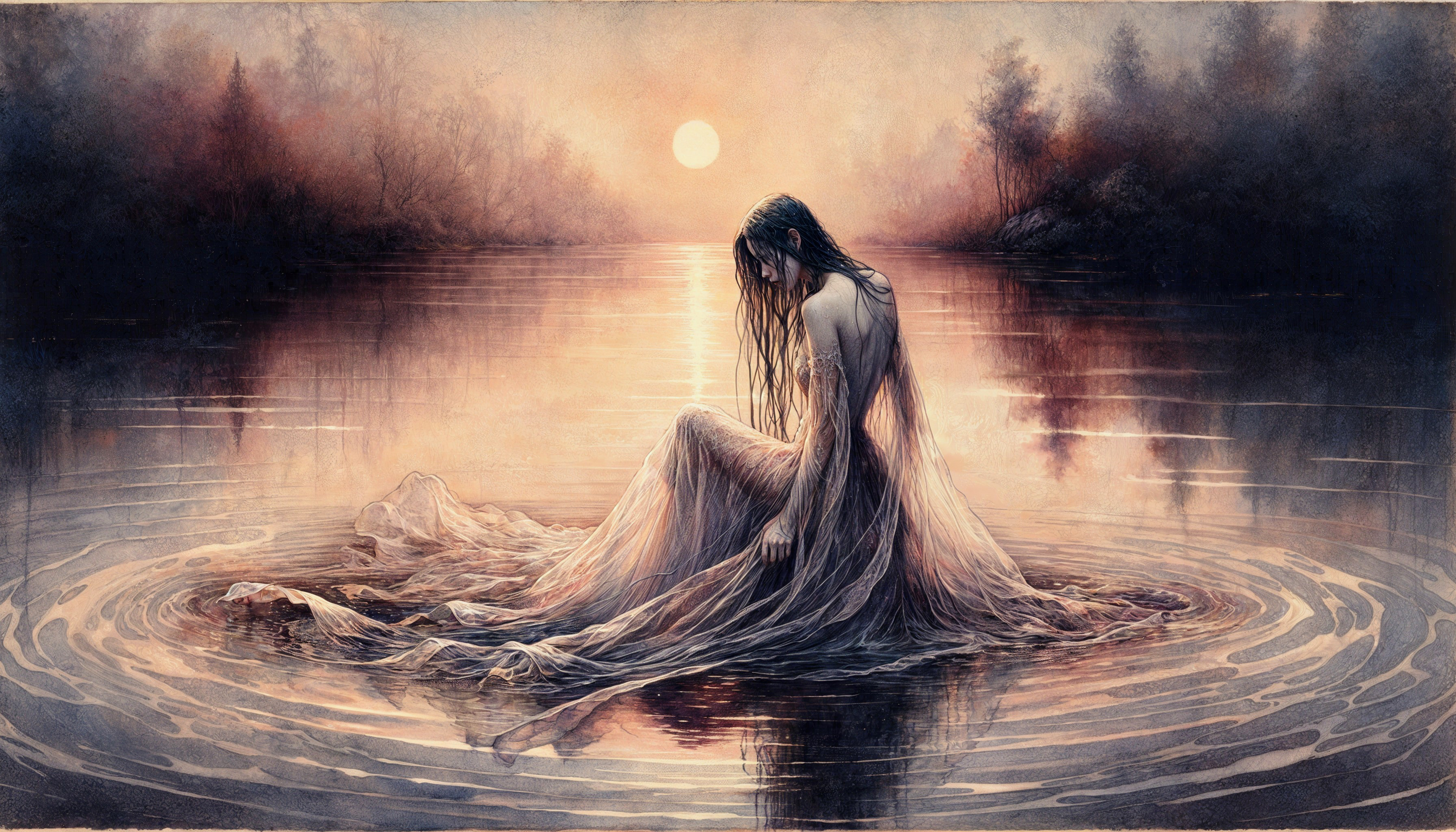 Young woman in serene water at sunset with flowing dress