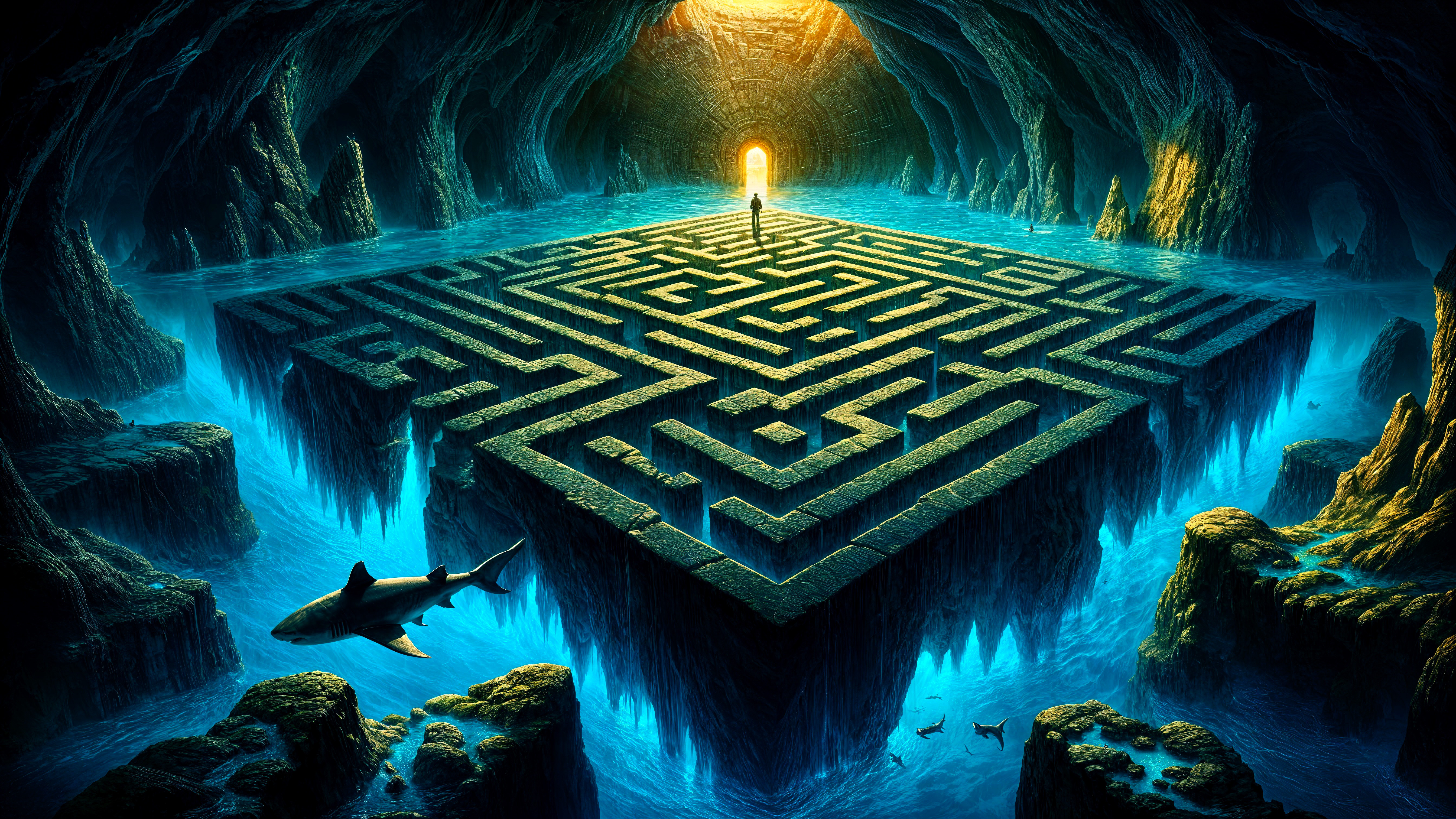 Surreal Underwater Labyrinth with Sharks and Rocks