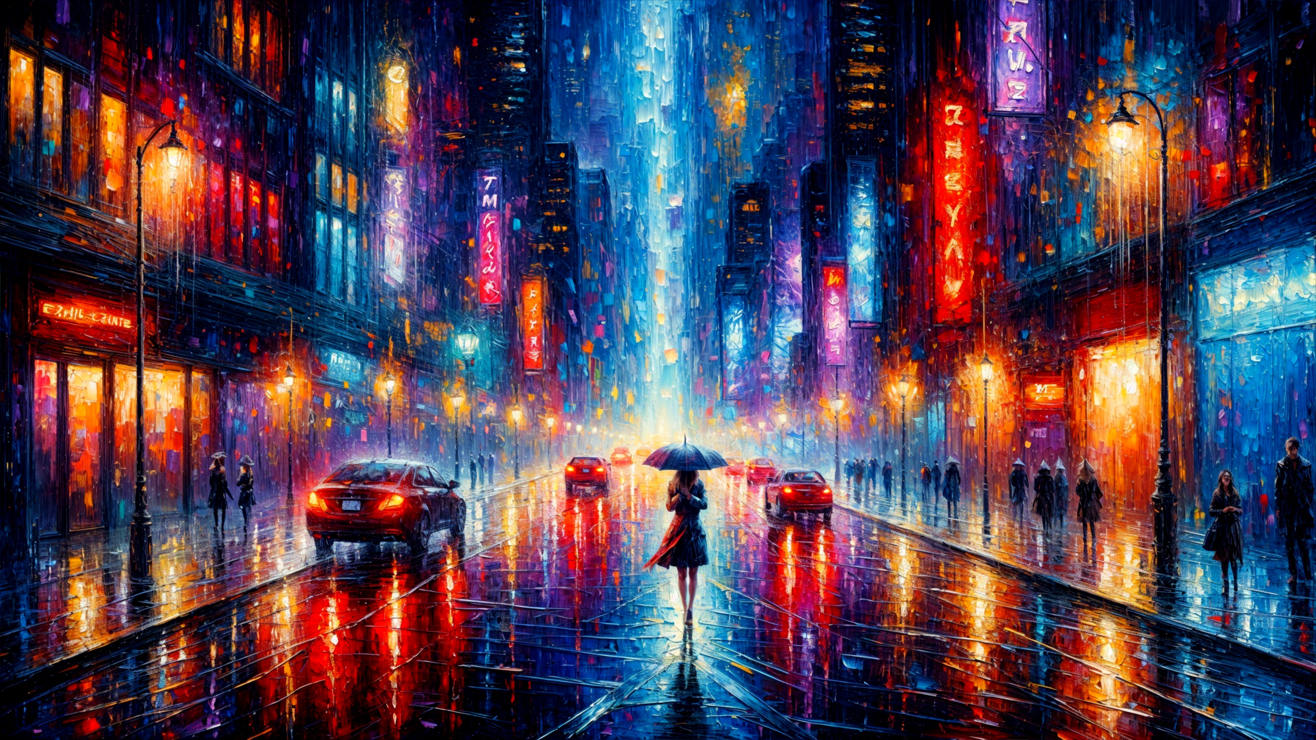 Vibrant Night Cityscape with Neon Lights and Rain