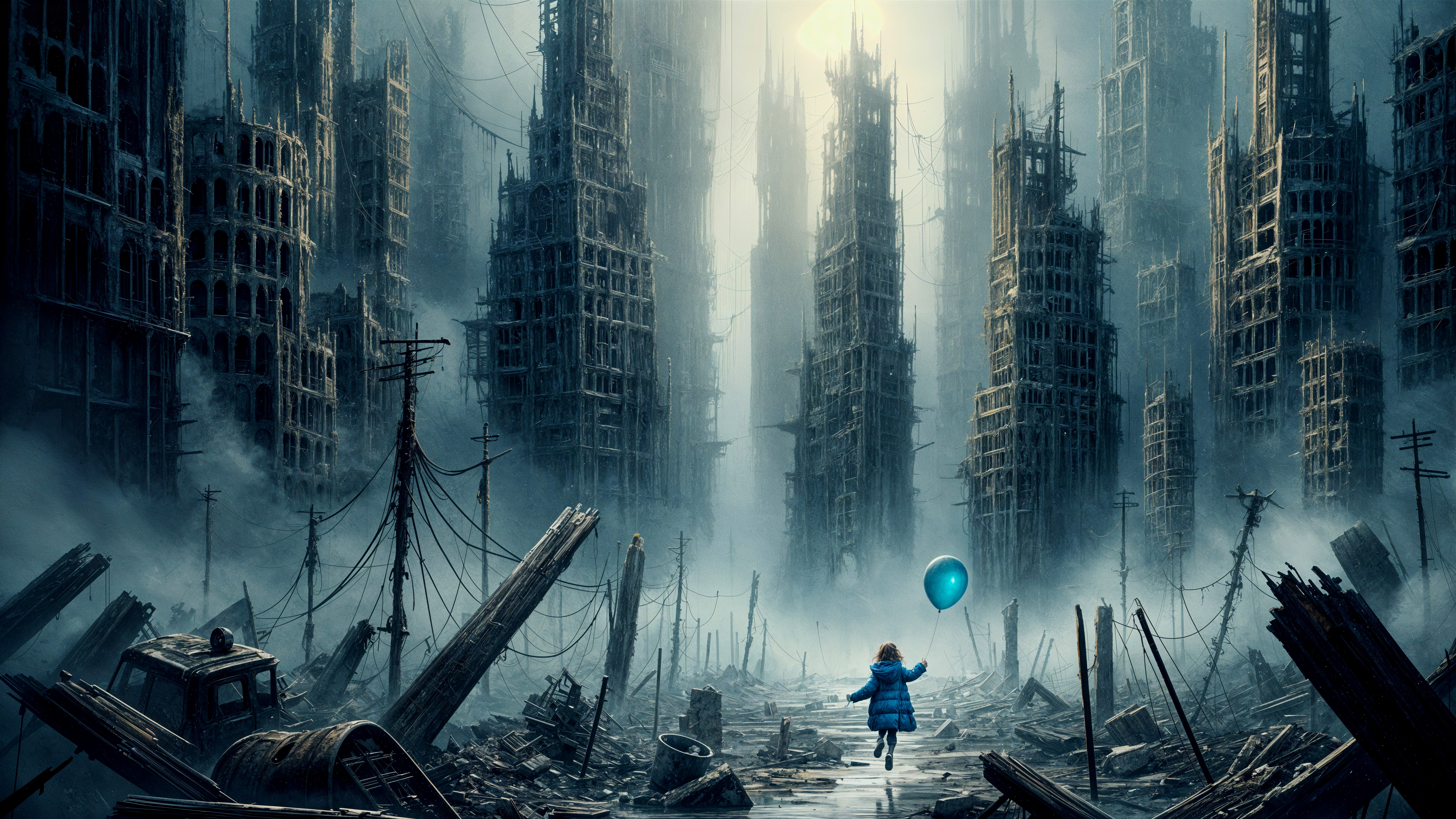 Child in Blue Coat with Balloon in Post-Apocalyptic Scene