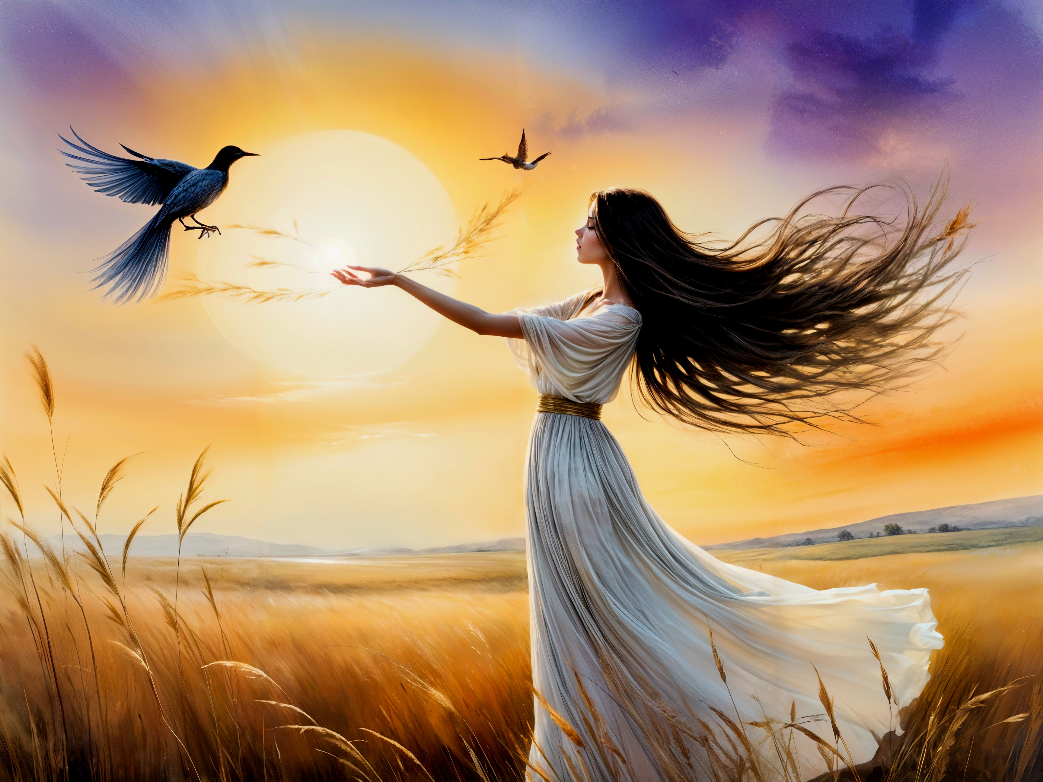 Woman in Golden Field at Sunset with Glowing Orb