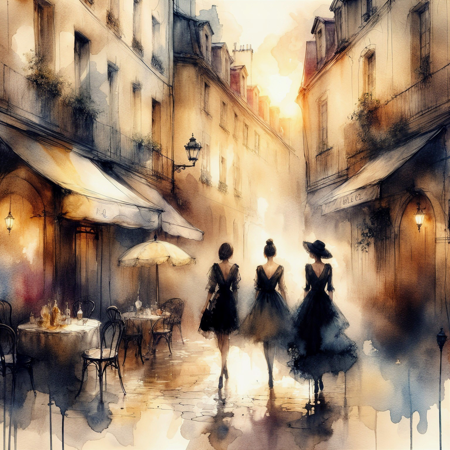 Elegant women walking on a misty European street