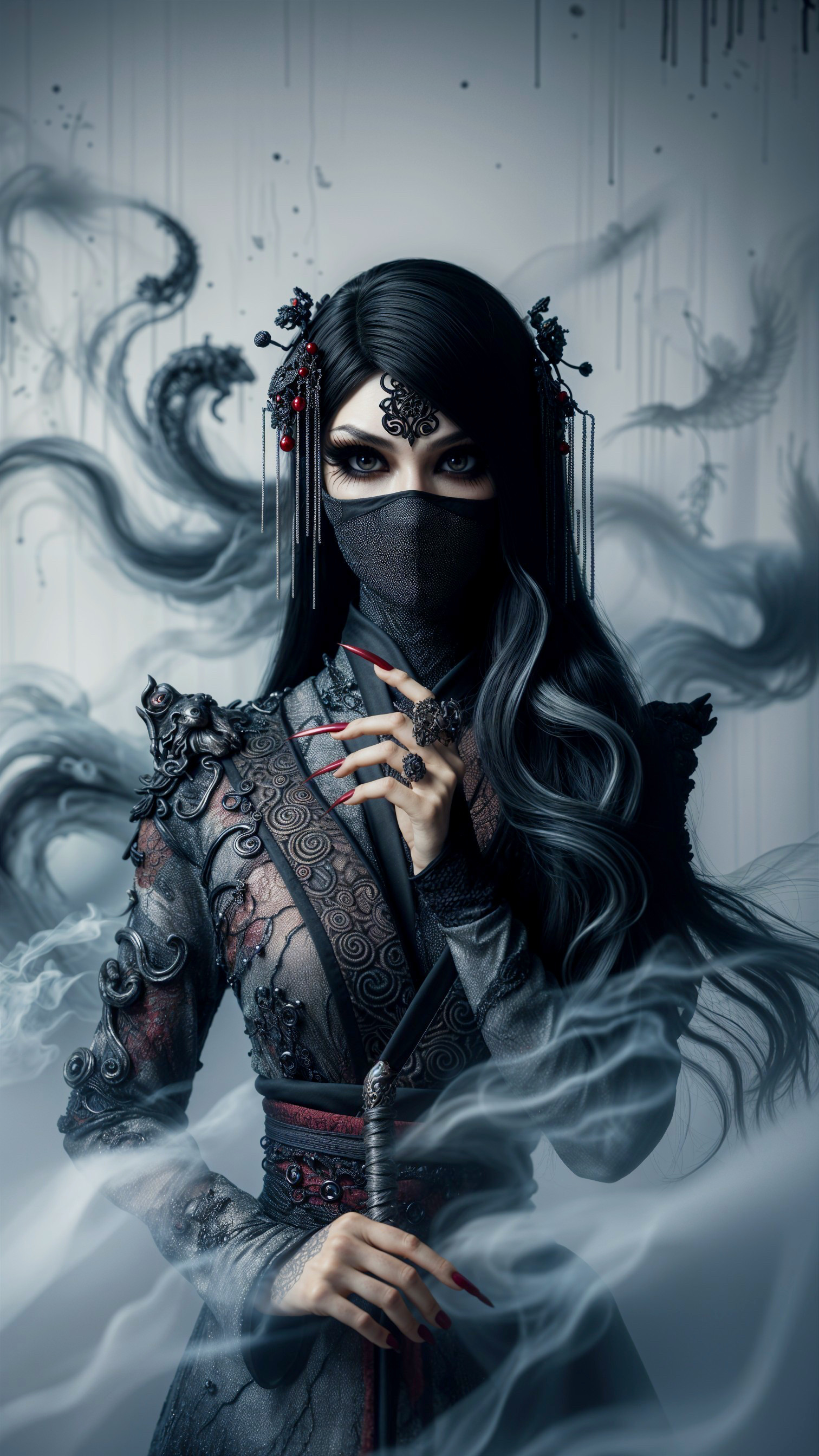 Mysterious figure in dark attire with sword and mist