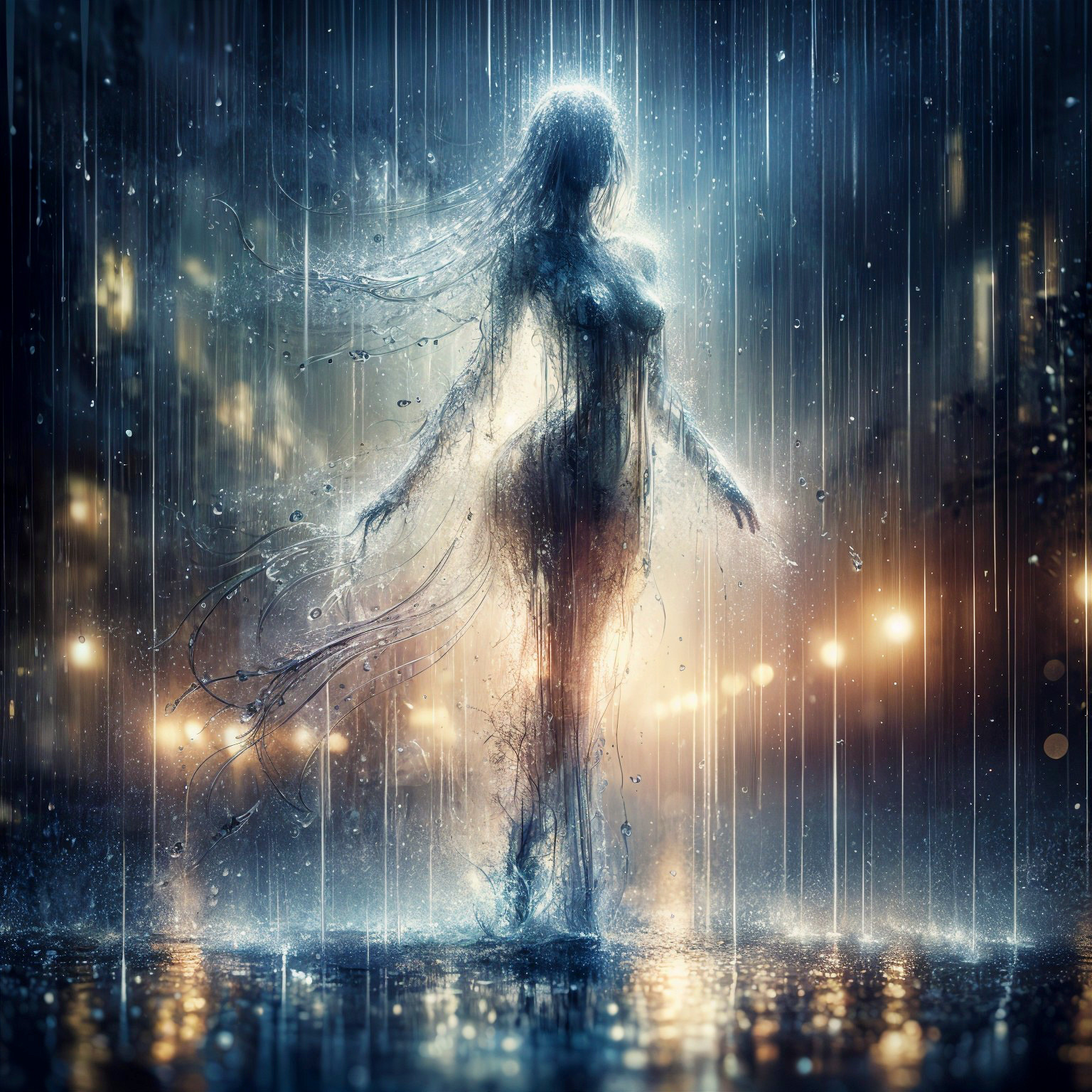 Ghostly Figure in Rain with Ethereal Lights