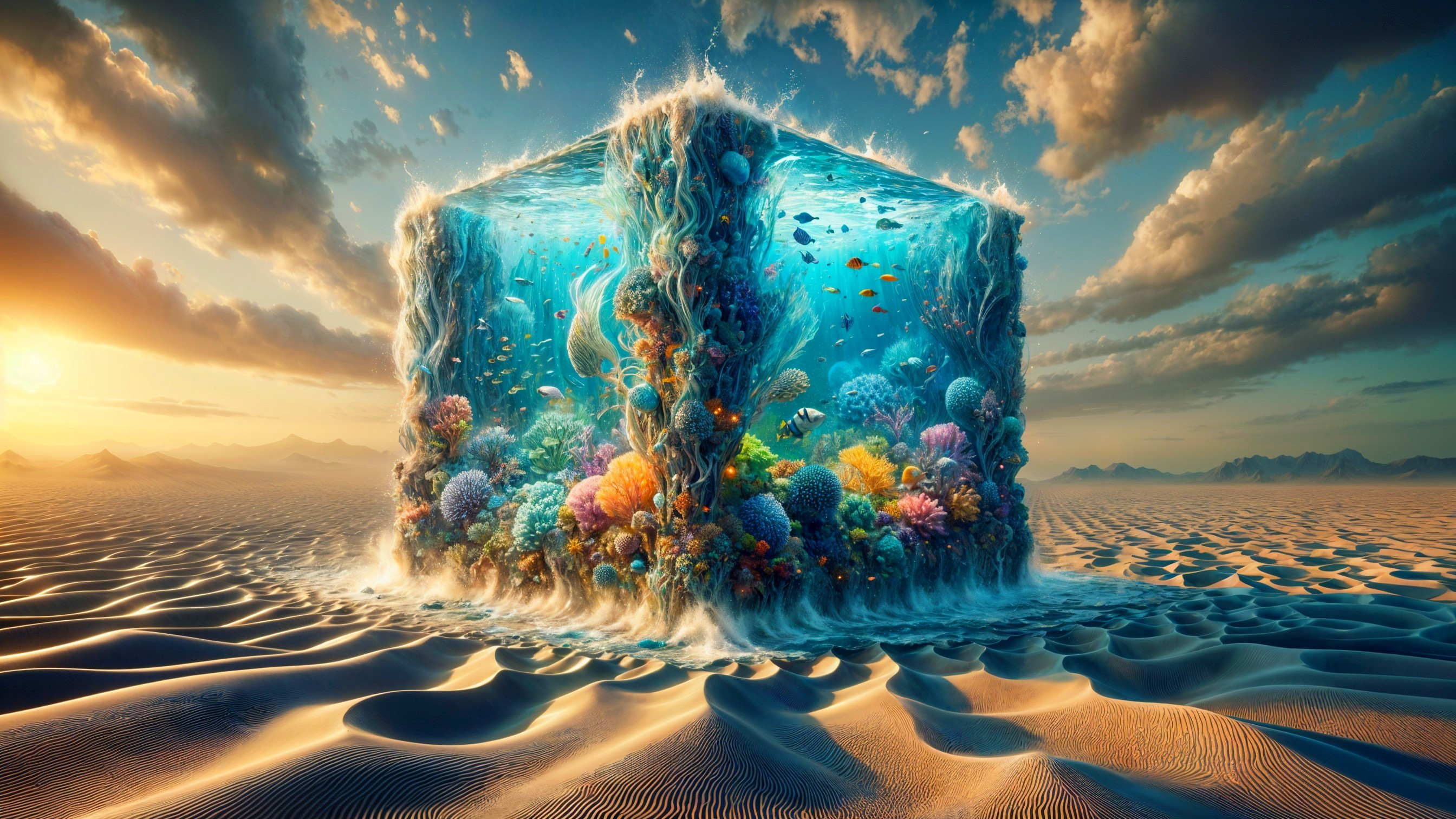 Surreal Scene of a Cube with Coral Reefs in Desert