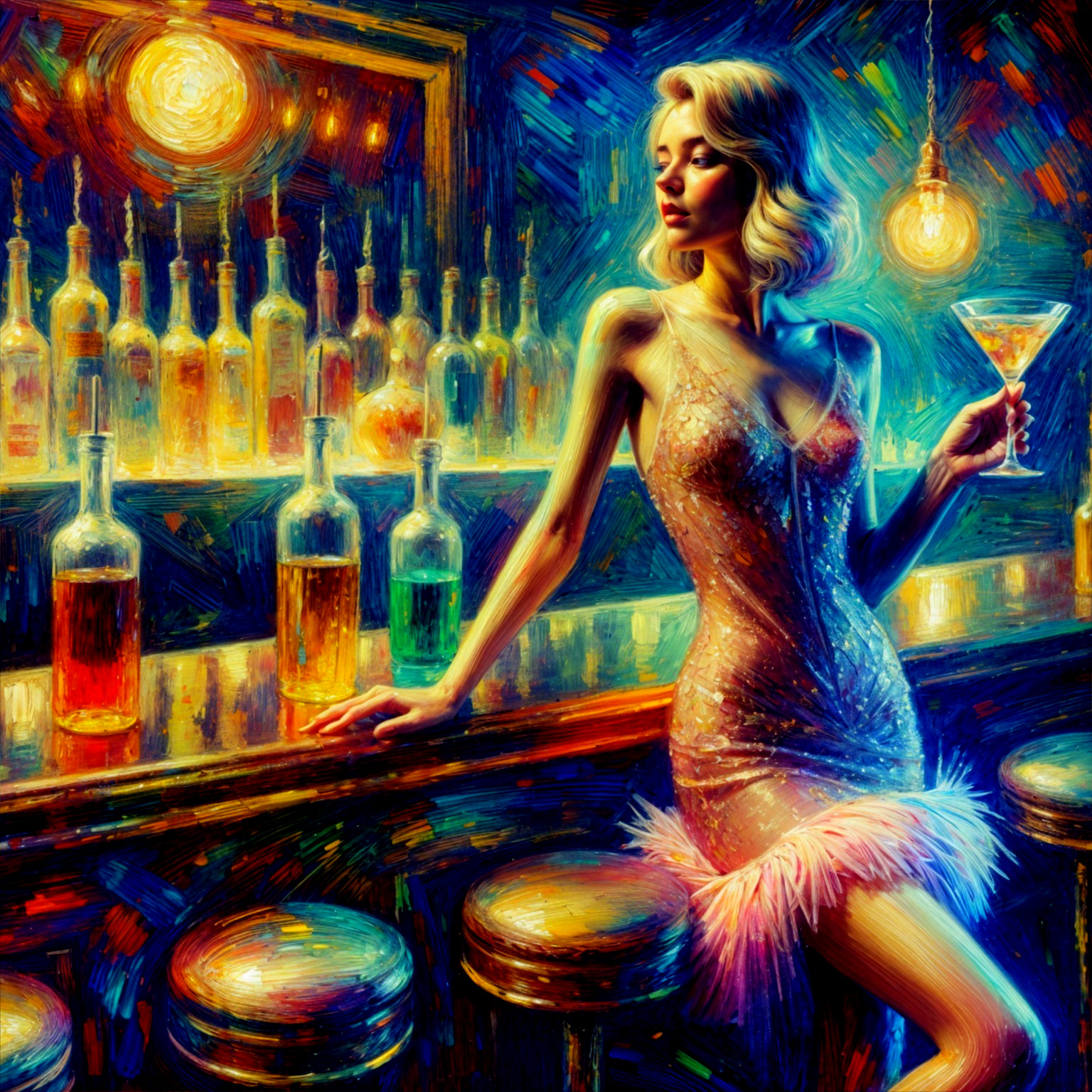 Glamorous Woman in Sparkling Dress at Vibrant Bar