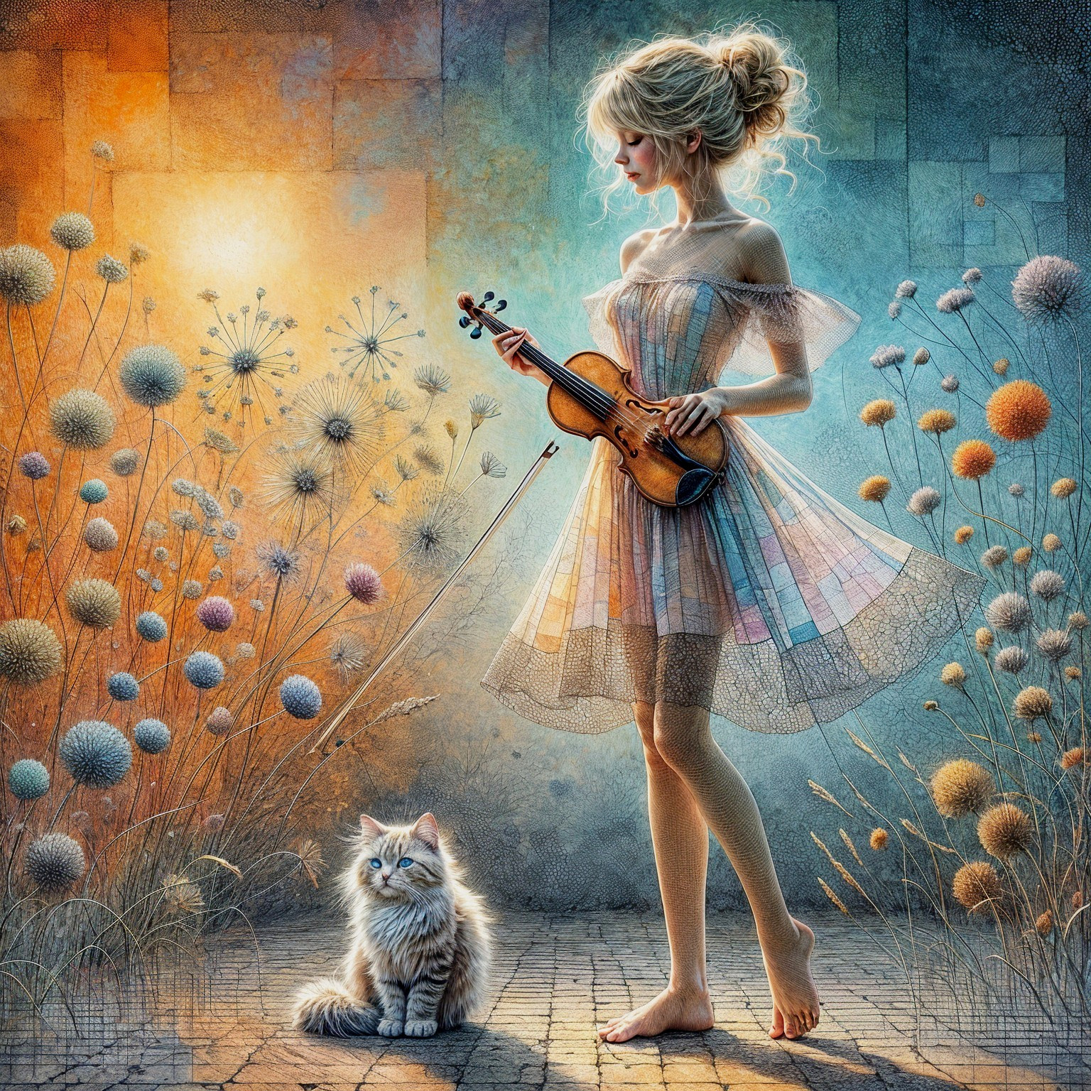 Whimsical Scene of a Woman Playing Violin in Flowers