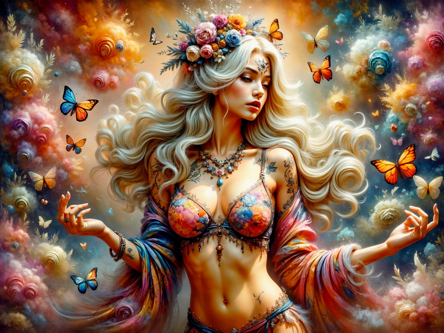 Mystical Woman with Silver Hair and Colorful Flowers