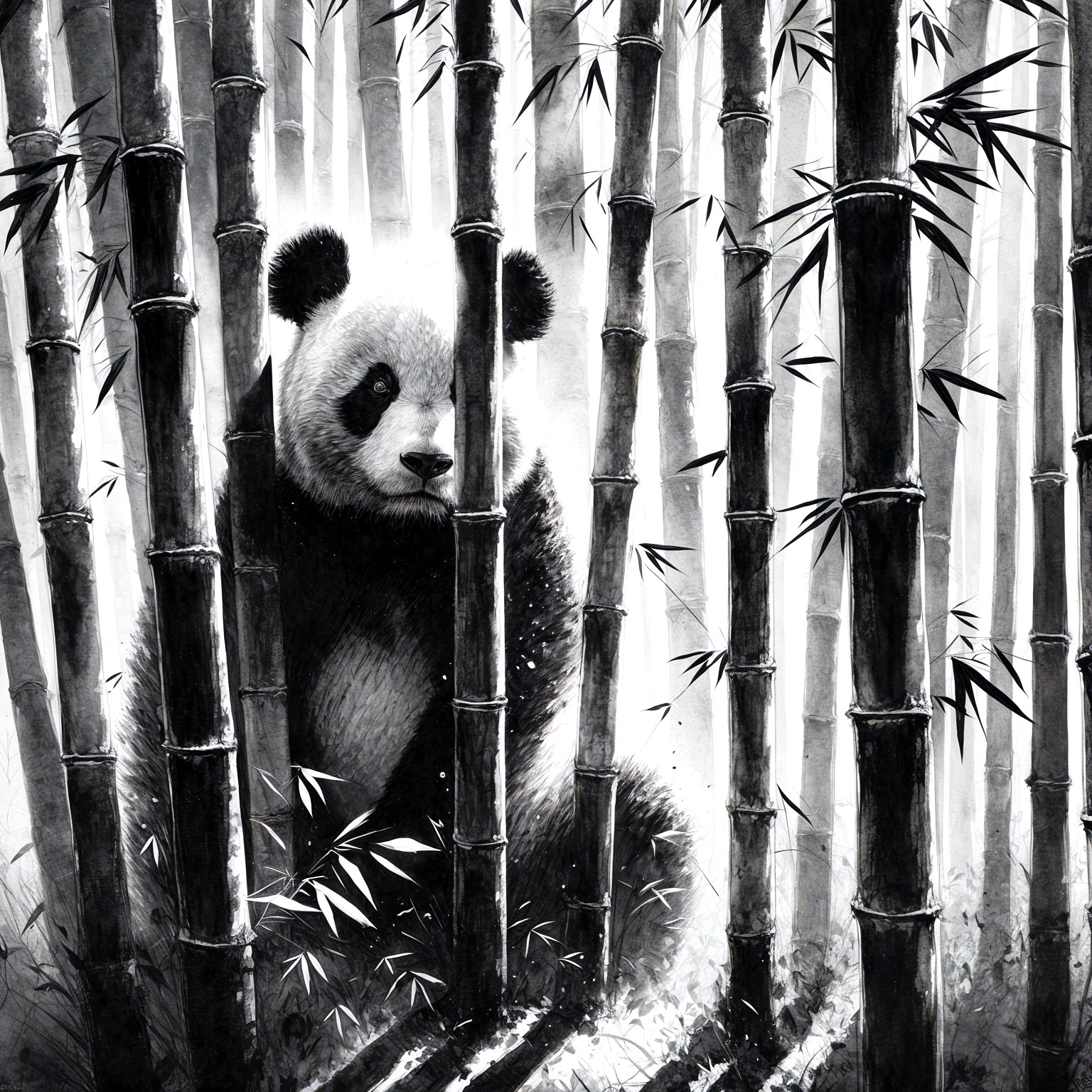 Panda Among Bamboo in a Tranquil Landscape Scene