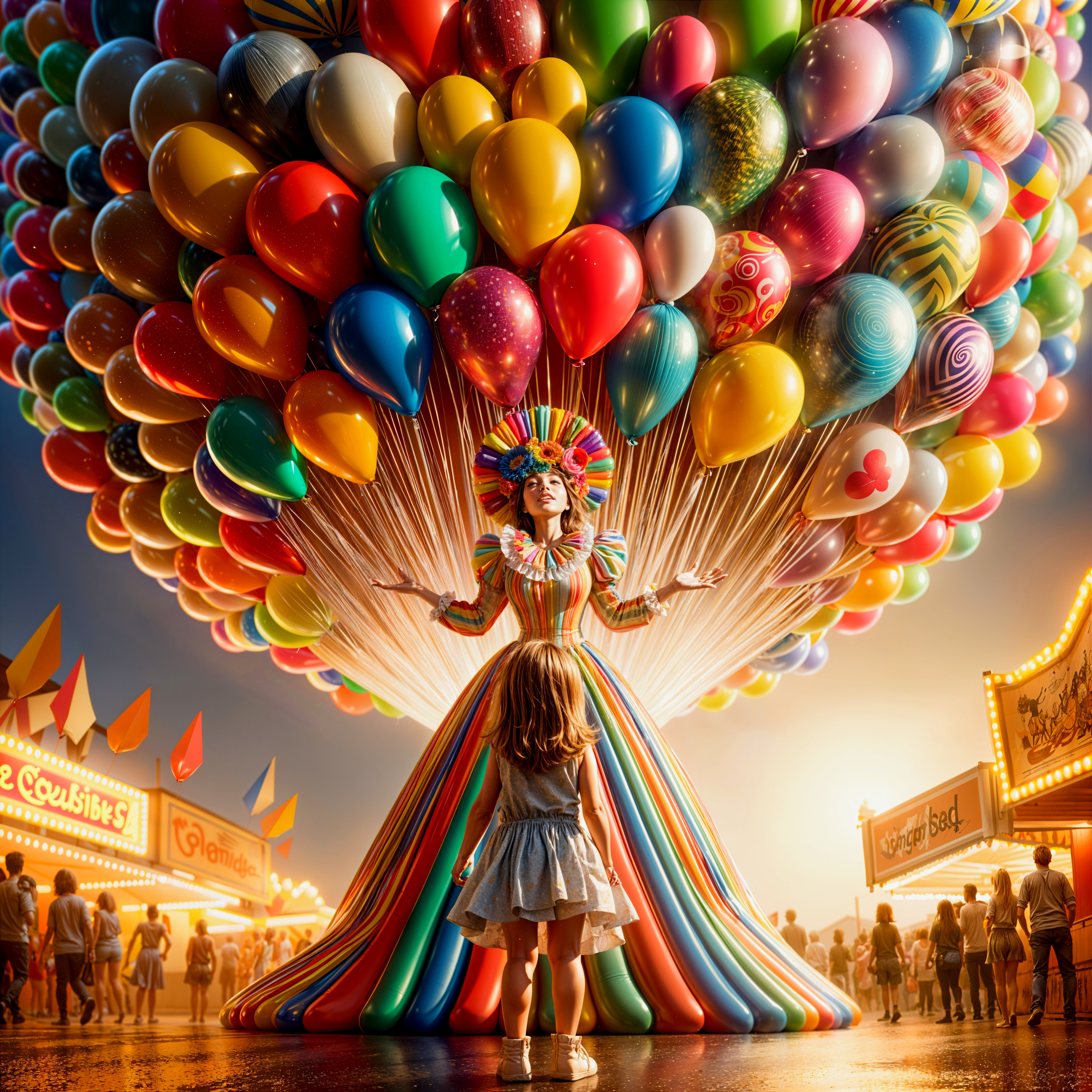 Colorful Fairground Scene with Balloon-Themed Gown