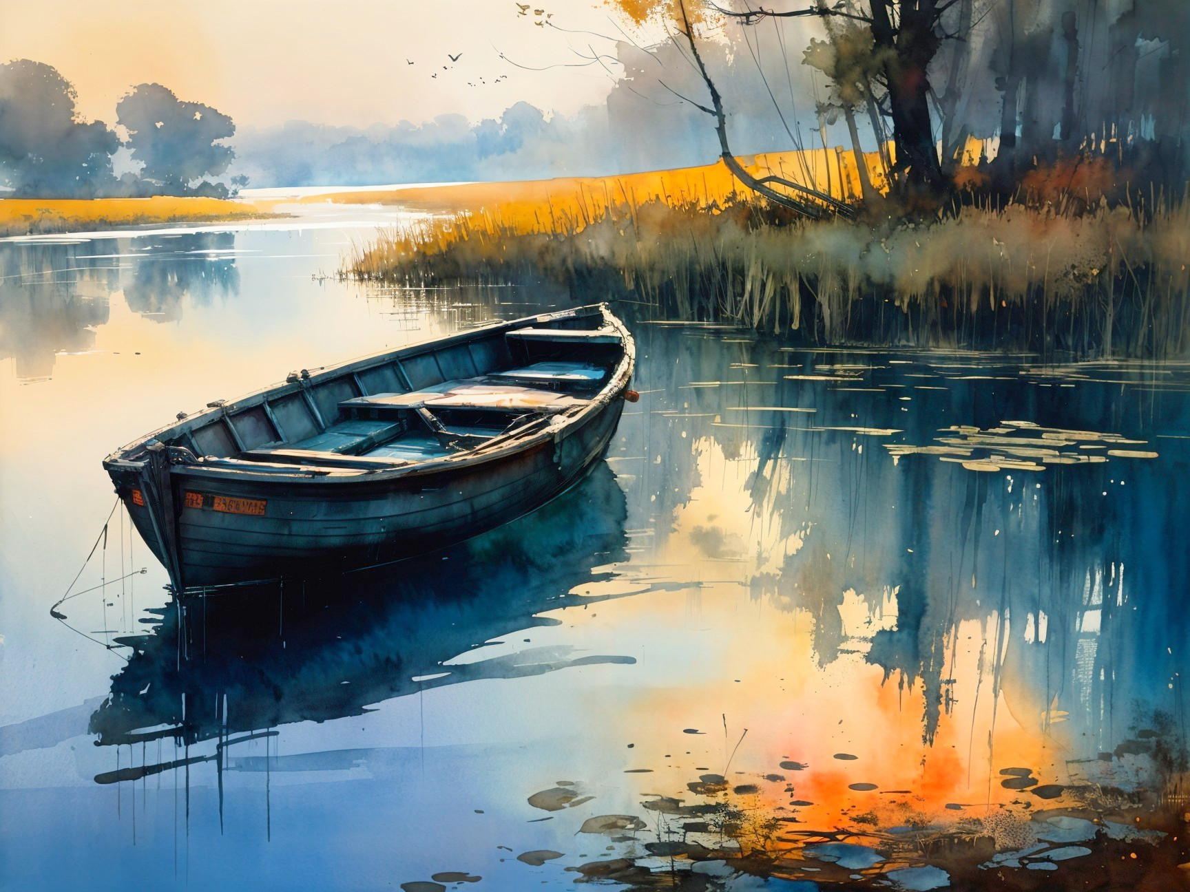 Tranquil River Landscape at Dawn with Mist and Boat