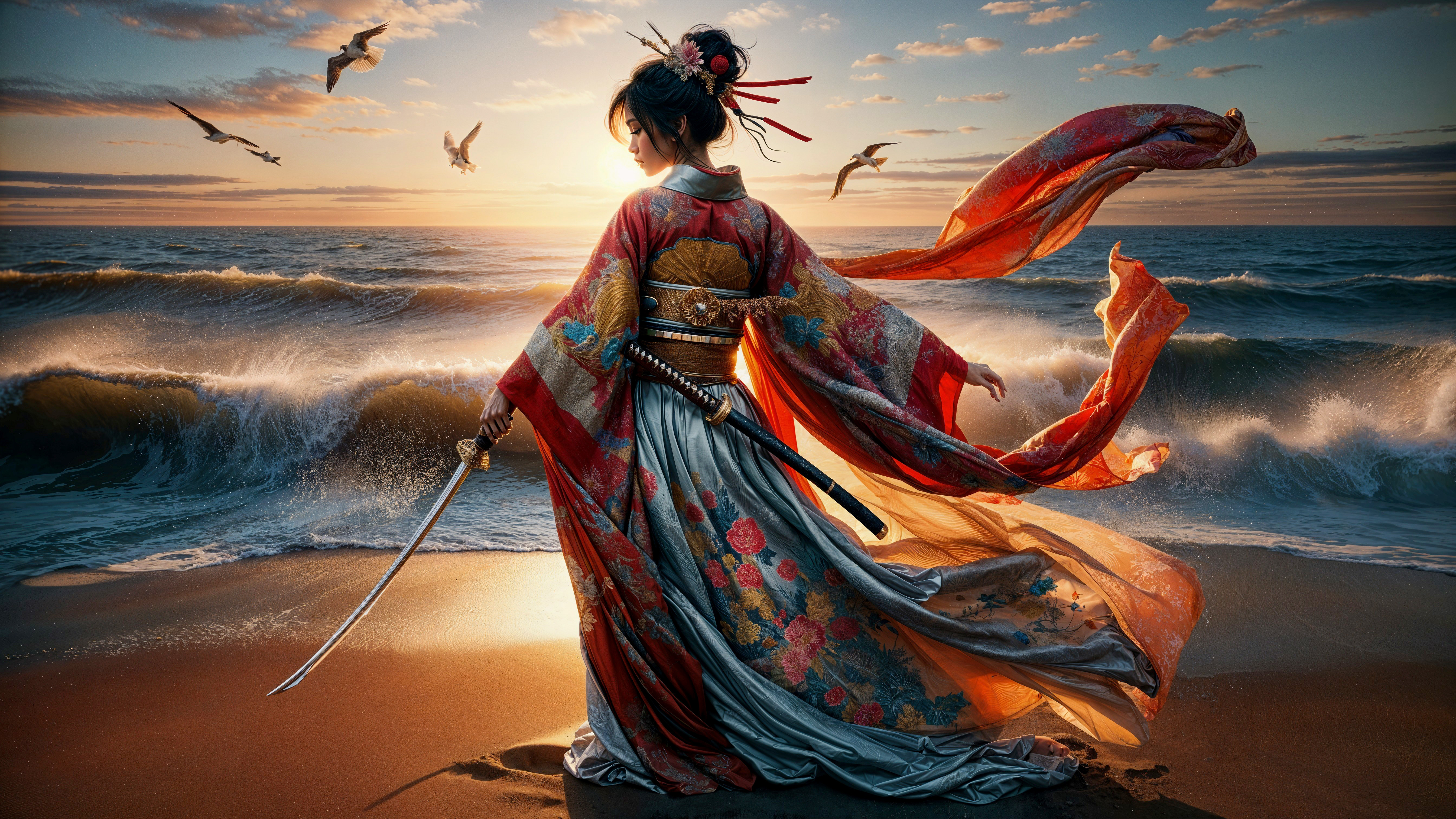 Sunset Beach Scene with Woman in Kimono and Sword
