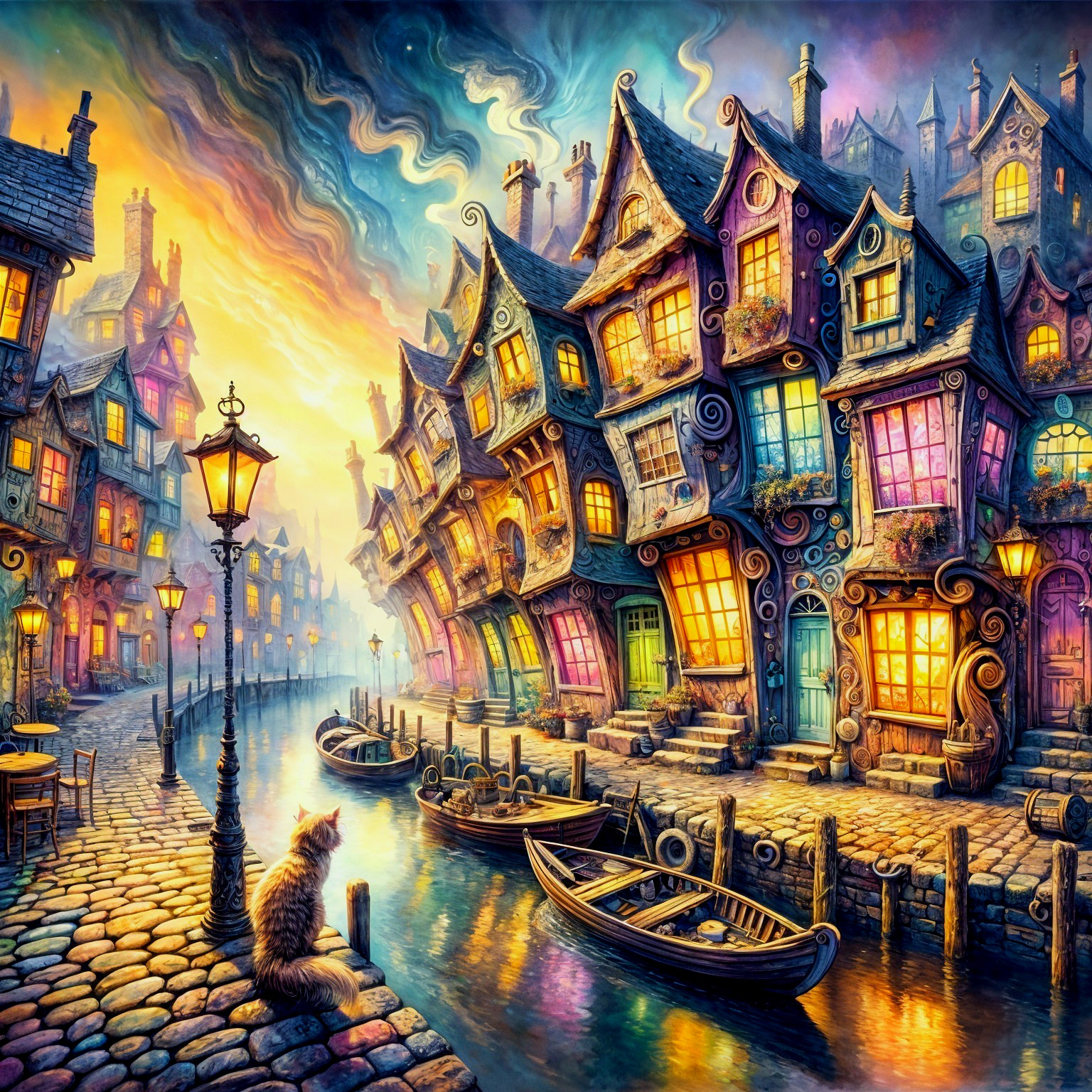 Whimsical Riverside Scene with Colorful Houses and Boats