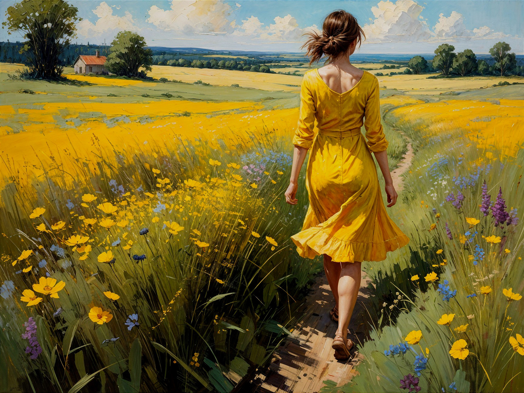 Woman in Yellow Dress on Path Through Flower Field