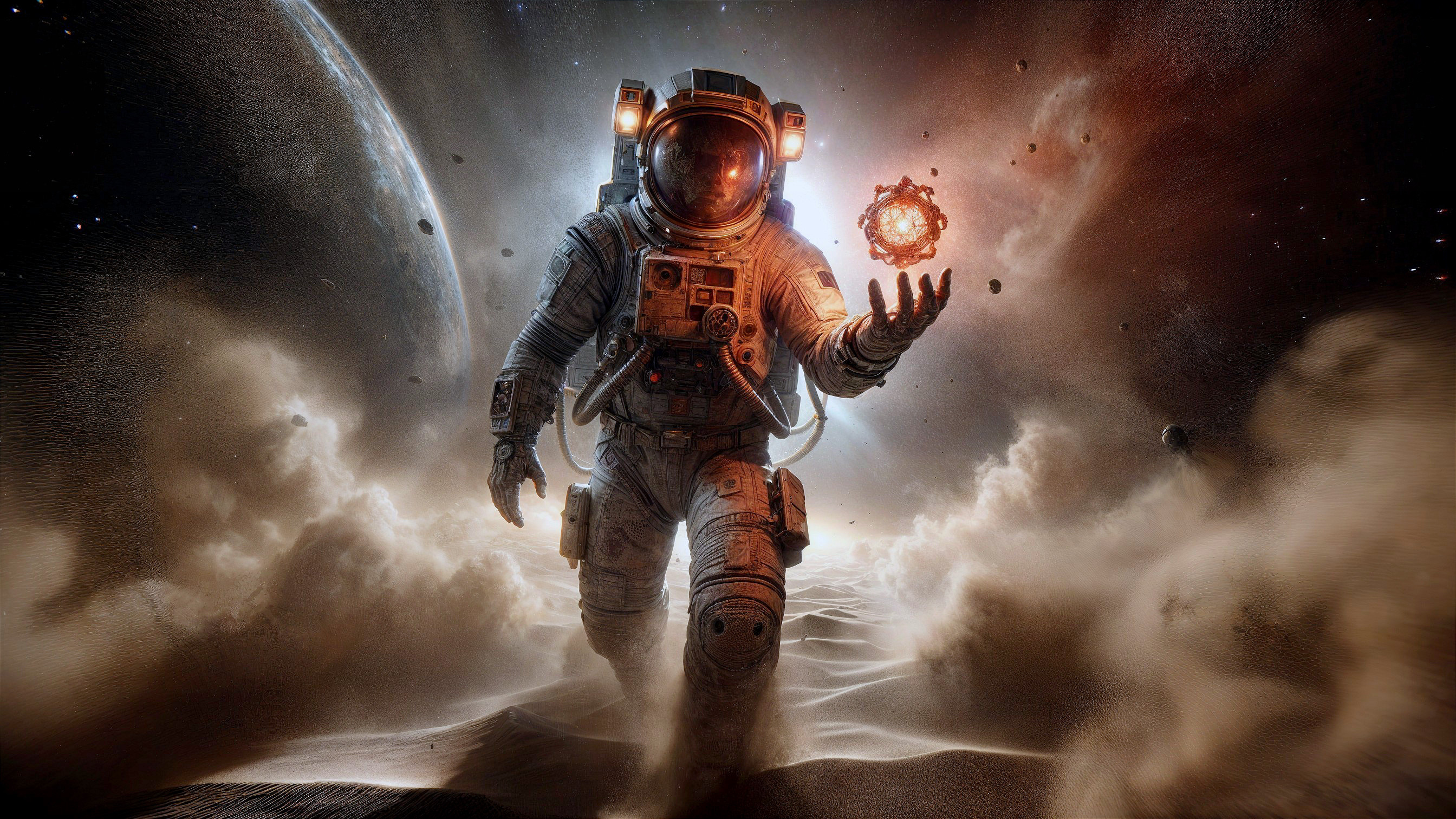Astronaut in Futuristic Suit in Cosmic Landscape