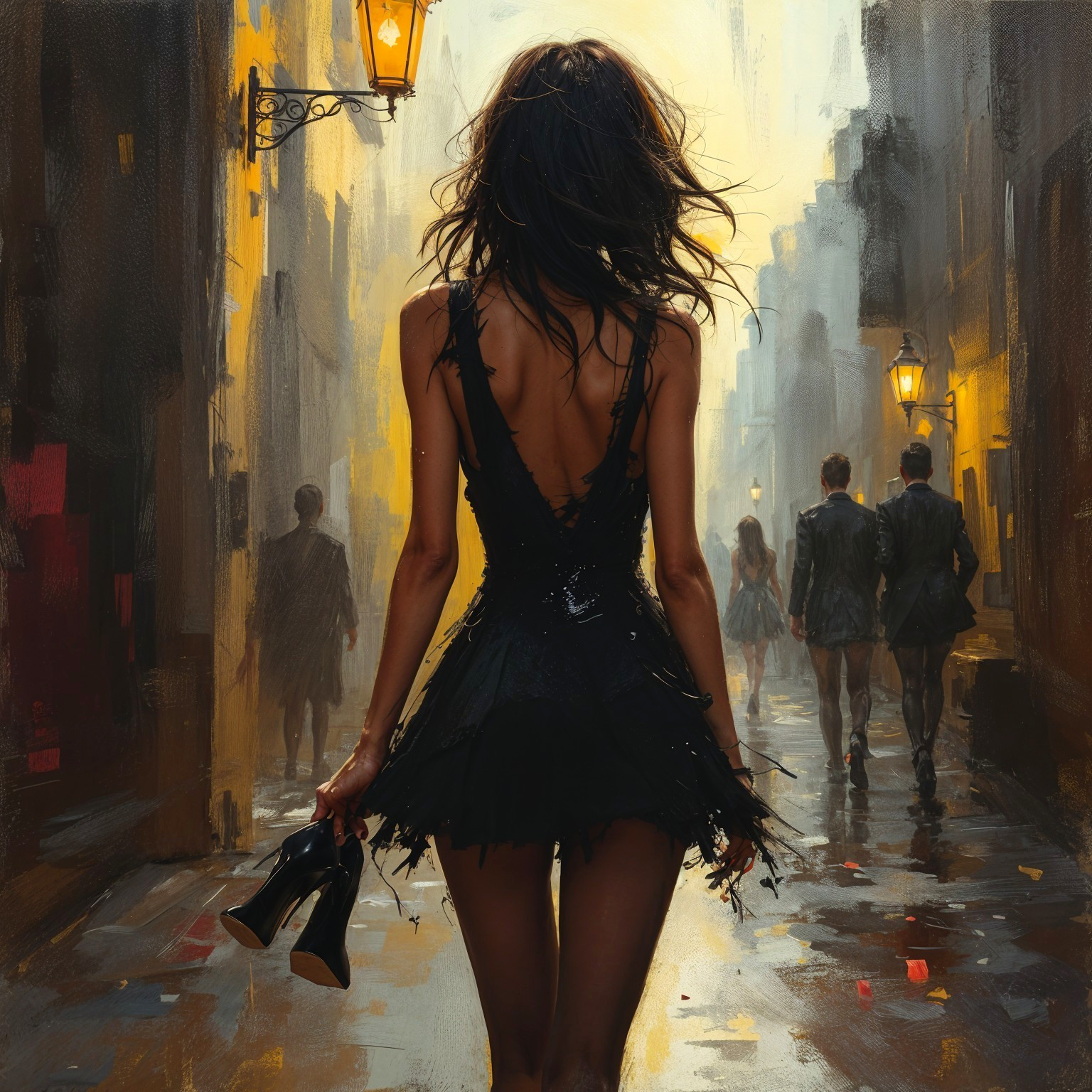 Elegant Woman in Black Dress on Urban Street