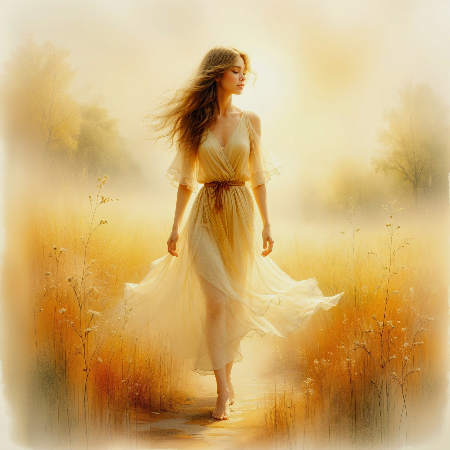 Young woman in golden dress walks in sunlit meadow