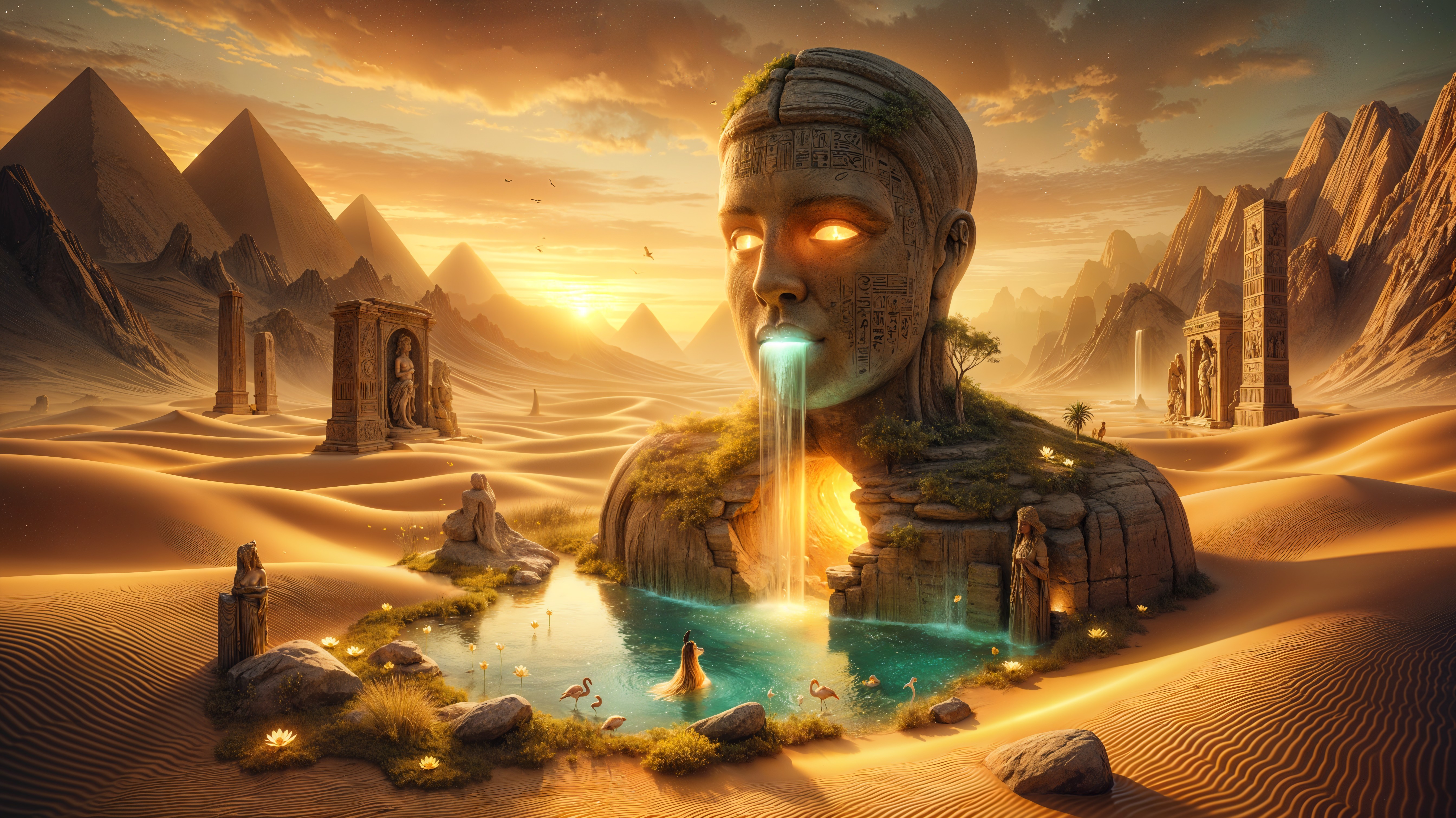 Colossal Statue in Surreal Desert Landscape at Sunset