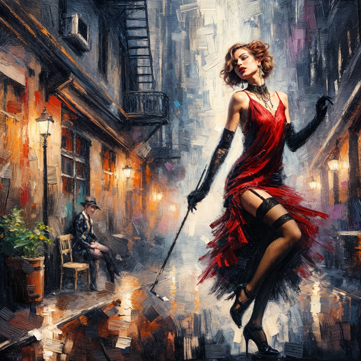 Glamorous Woman in Red Dress Dances in Alley