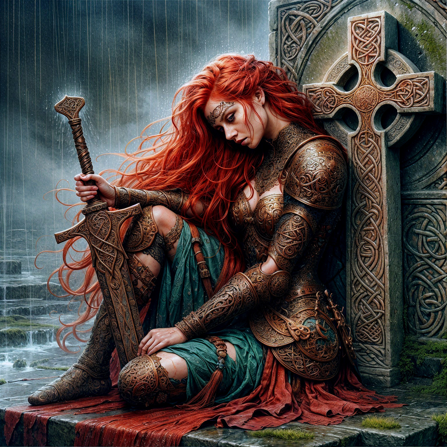 Fierce Warrior Woman in Ornate Armor Against Ruins