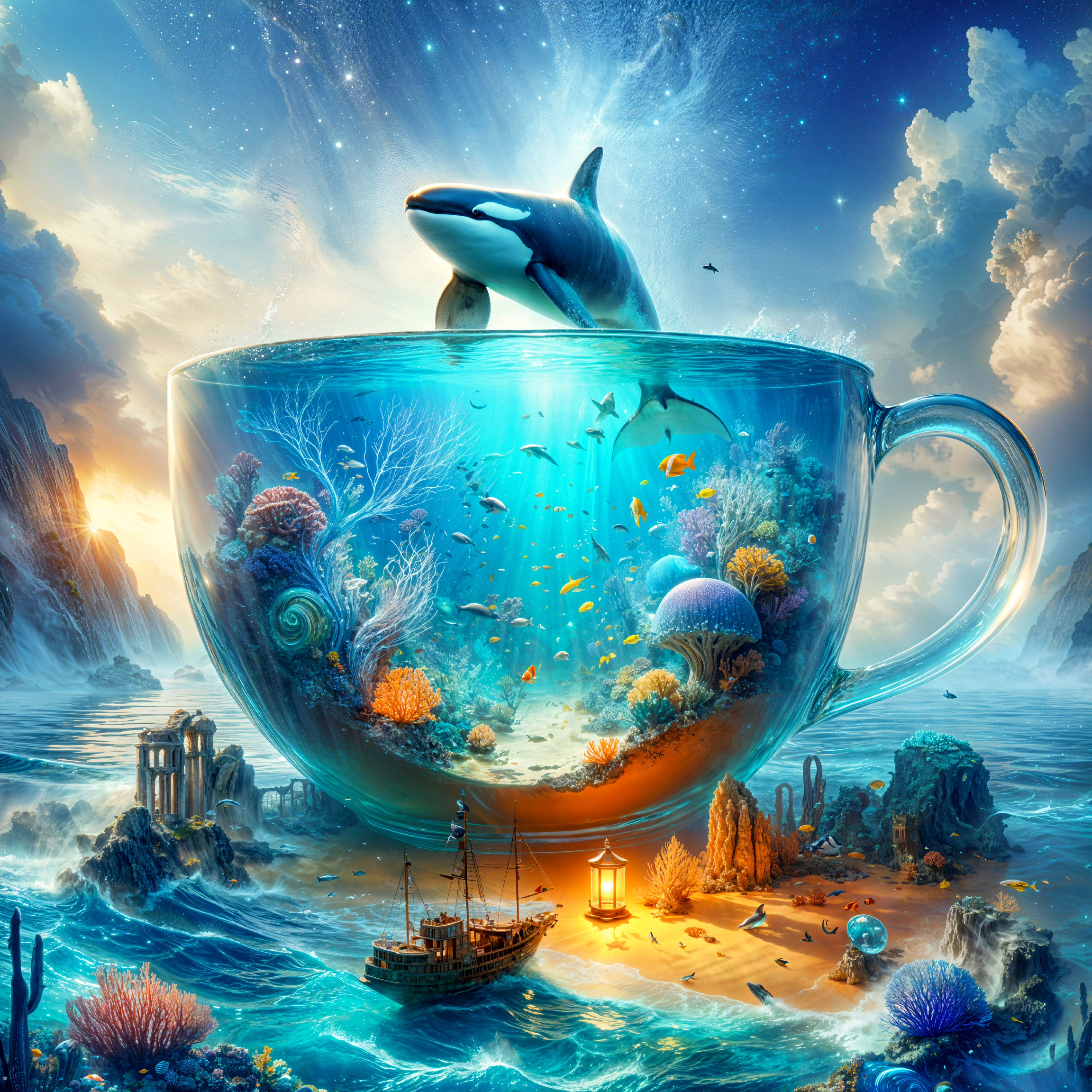Underwater Scene in a Giant Glass Cup with Marine Life