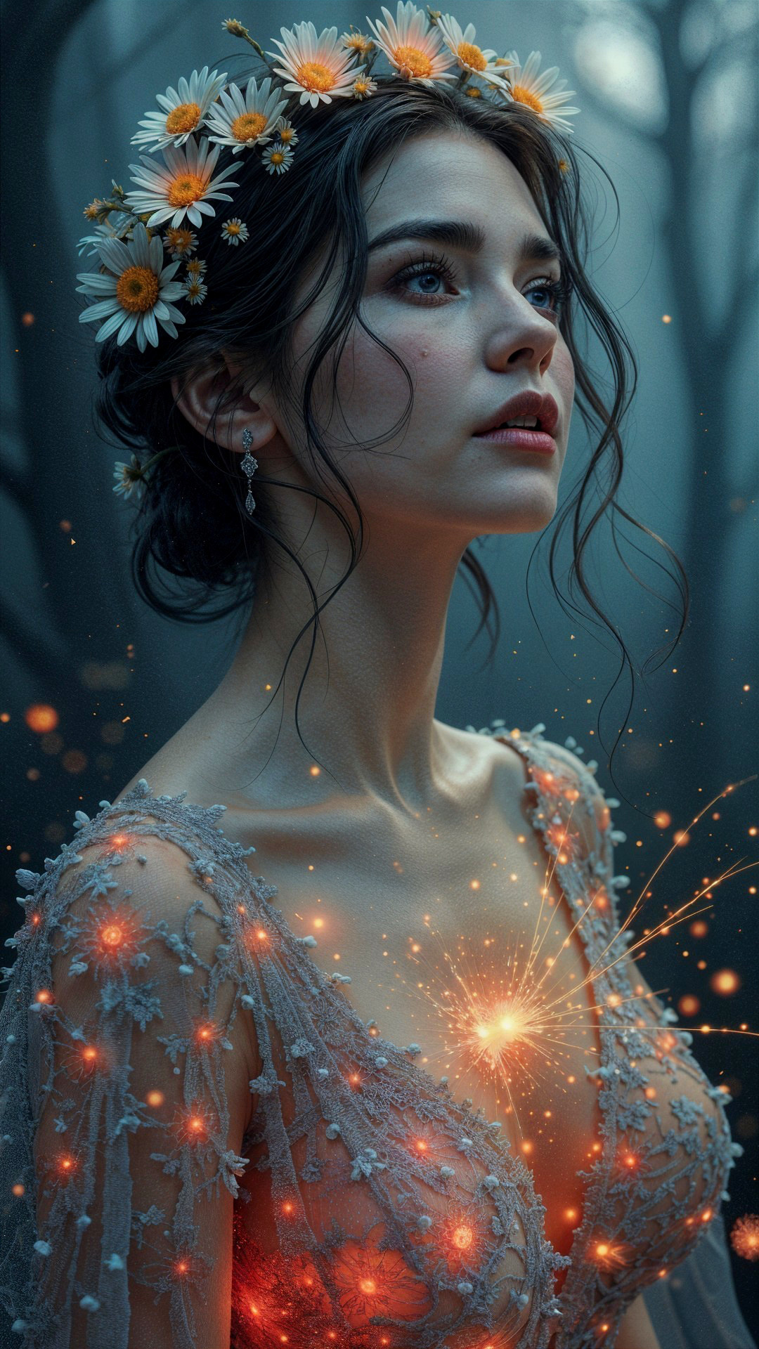 Young Woman in Ethereal Forest with Floral Crown