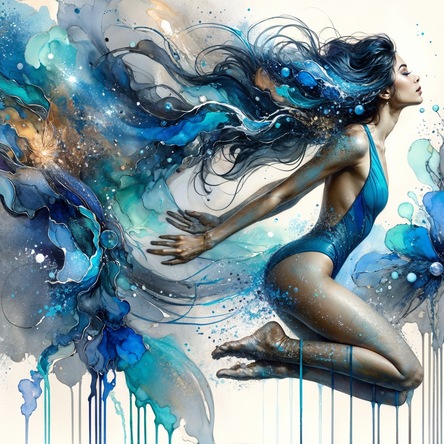 Dynamic Artwork of Woman in Blue Swimsuit in Motion