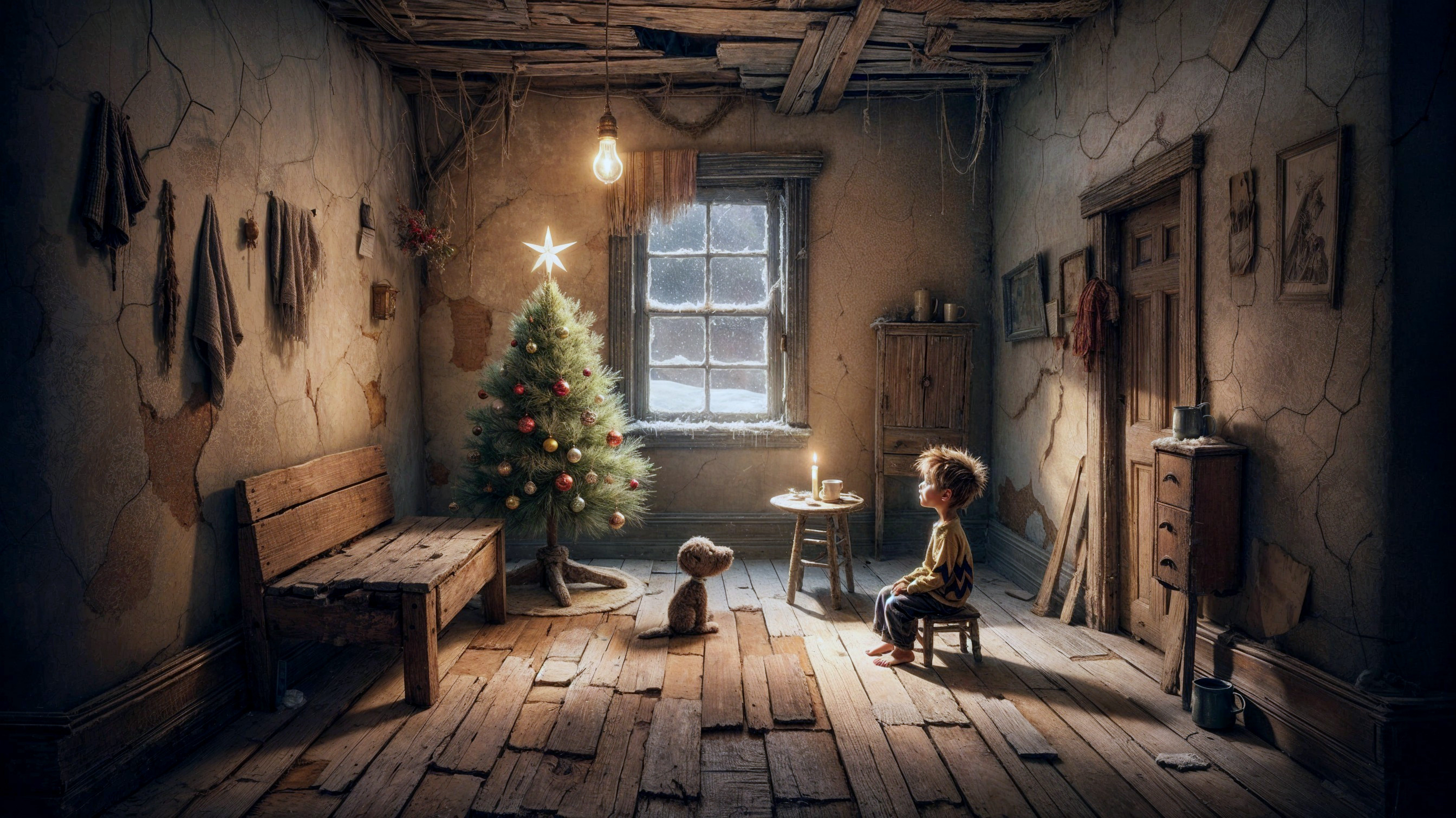 Dimly Lit Room with Boy and Christmas Tree