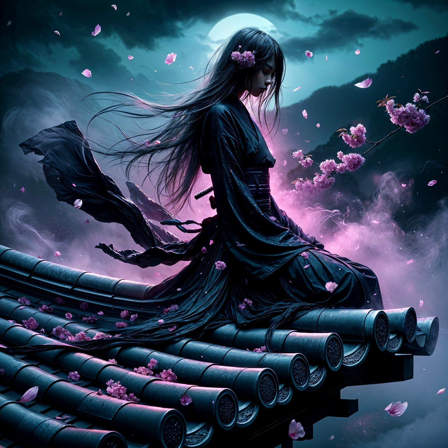 Mysterious Figure in Black Kimono on Rooftop at Night