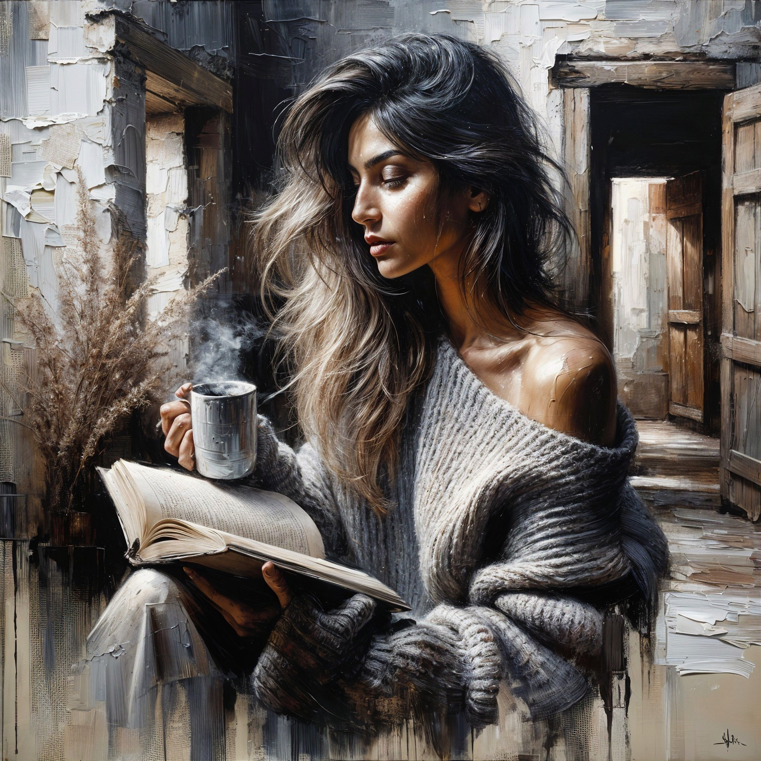 Serene Woman in Rustic Room with Book and Mug