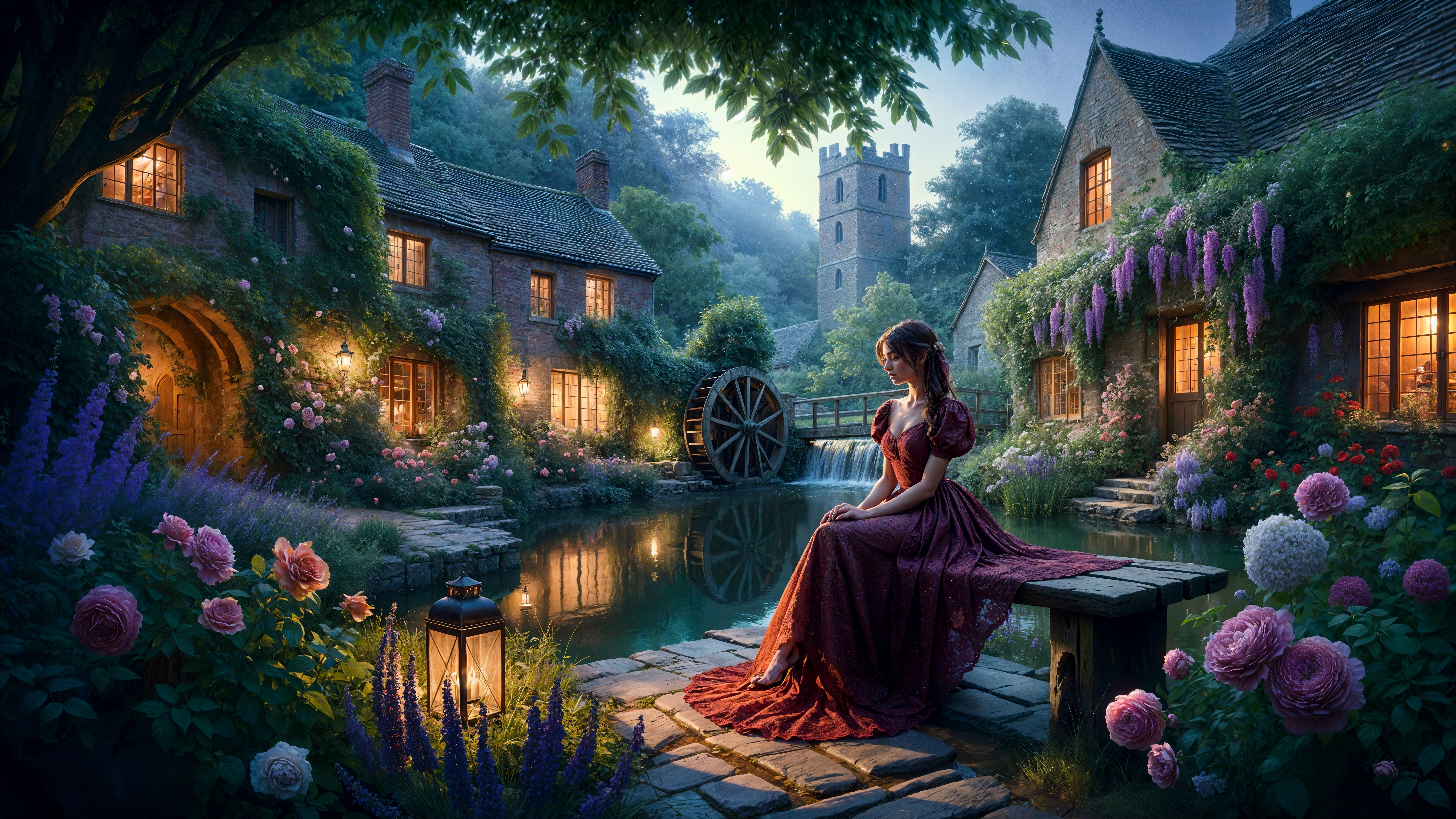 Twilight Scene of a Woman by a Tranquil Pond