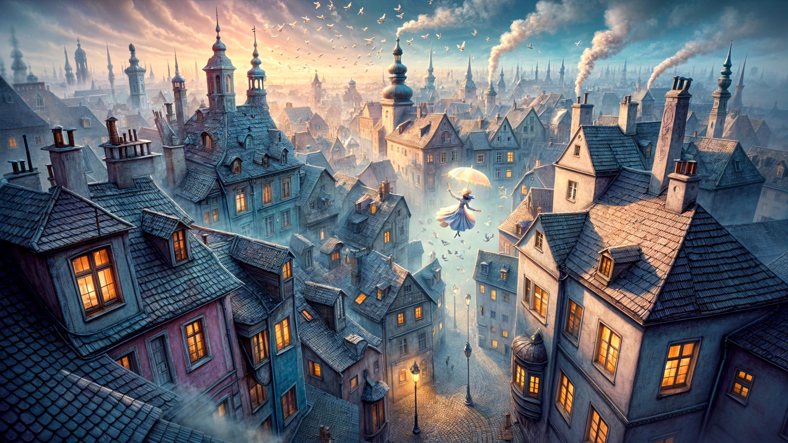 Whimsical Cityscape with Vintage Houses and Twilight Sky