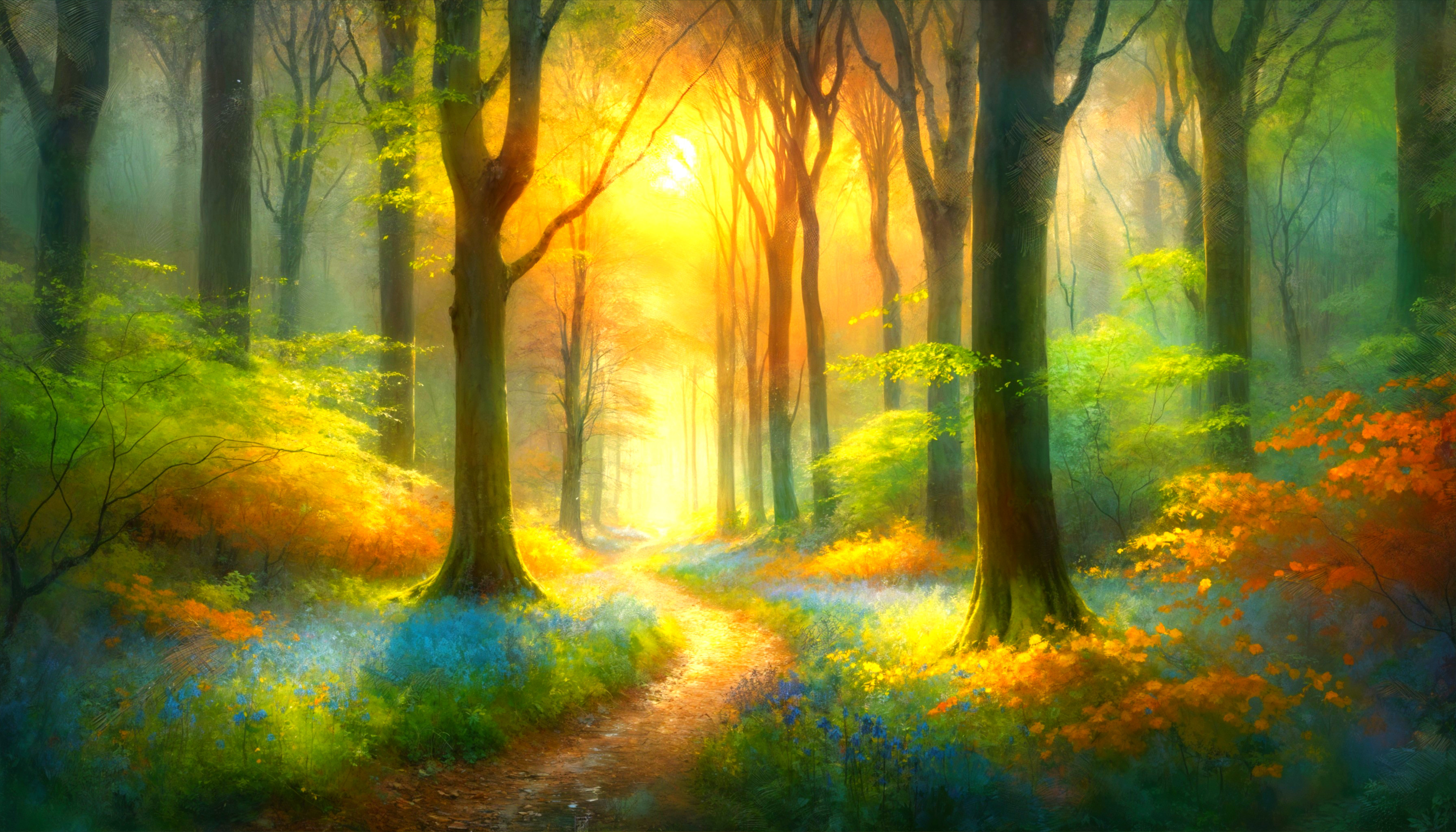 Serene Forest Scene with Sunlight and Vibrant Foliage