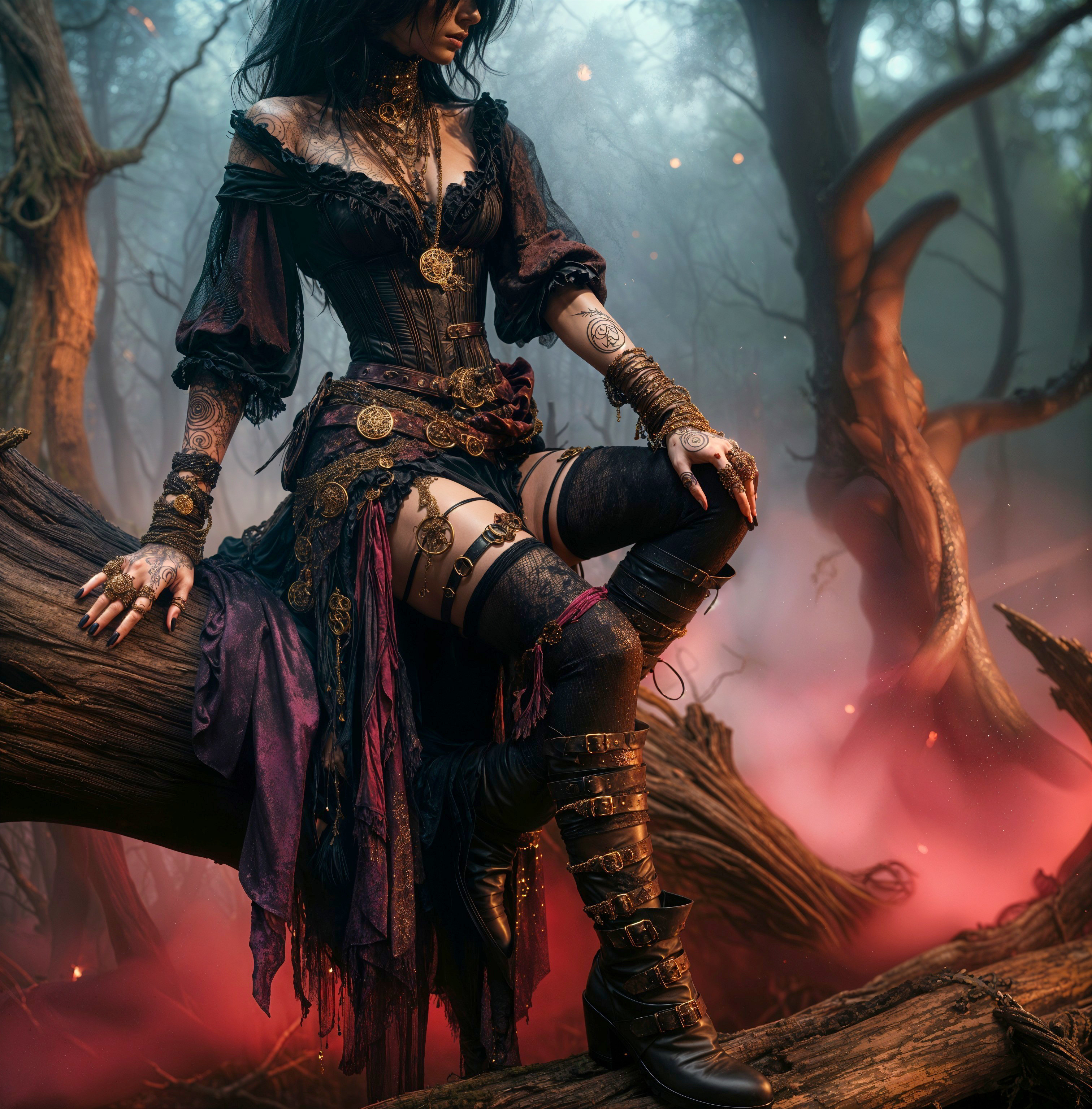 Mysterious Figure in Dark Fantasy Outfit in Forest