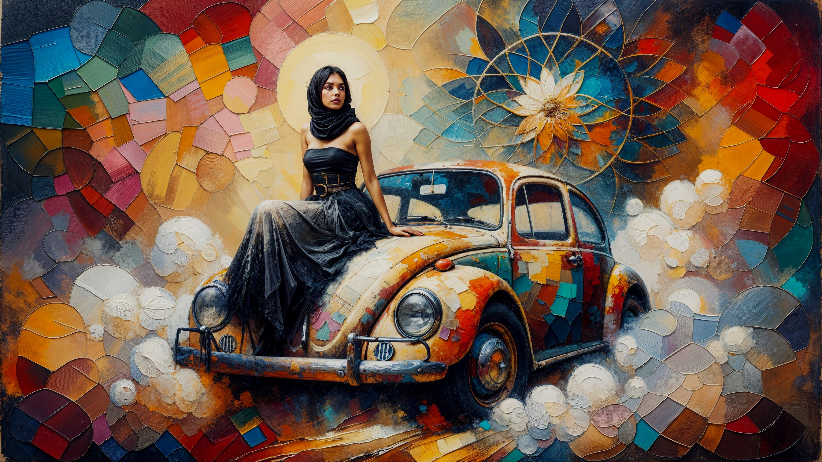 Surreal Artwork of Woman on Vintage Car with Colors