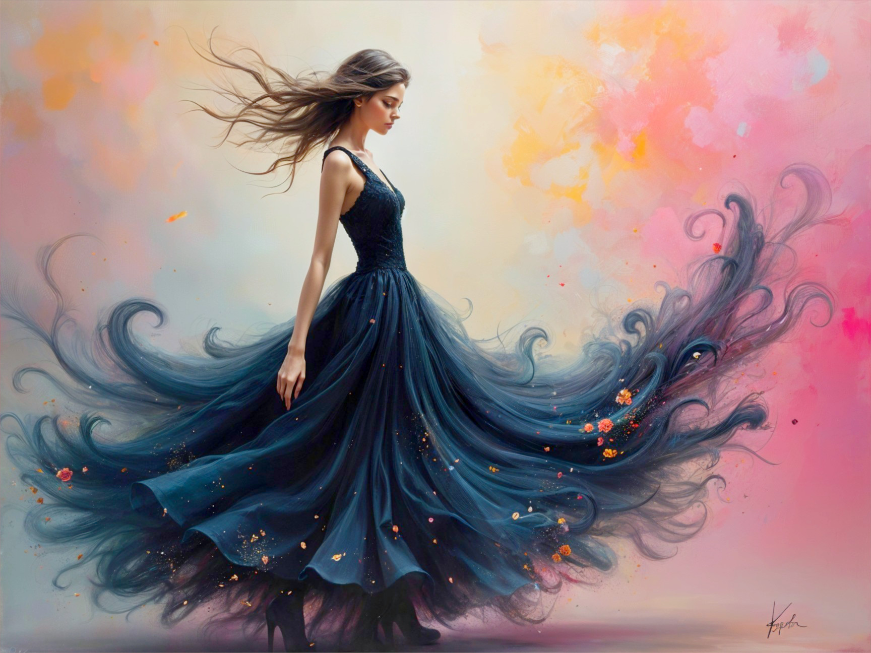 Graceful Woman in Dark Blue Gown with Pastel Backdrop