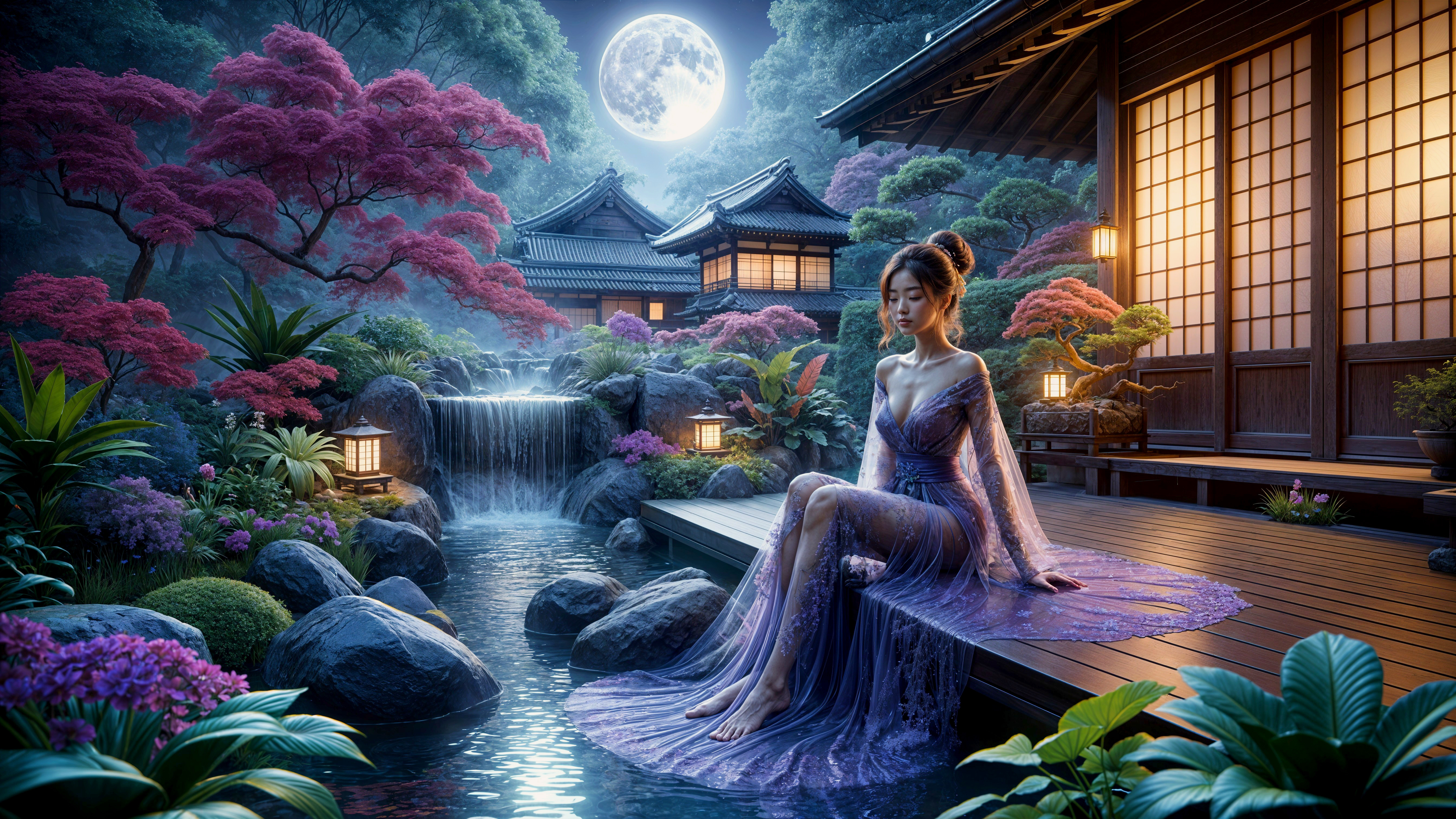 Moonlit Garden with Woman in Translucent Gown