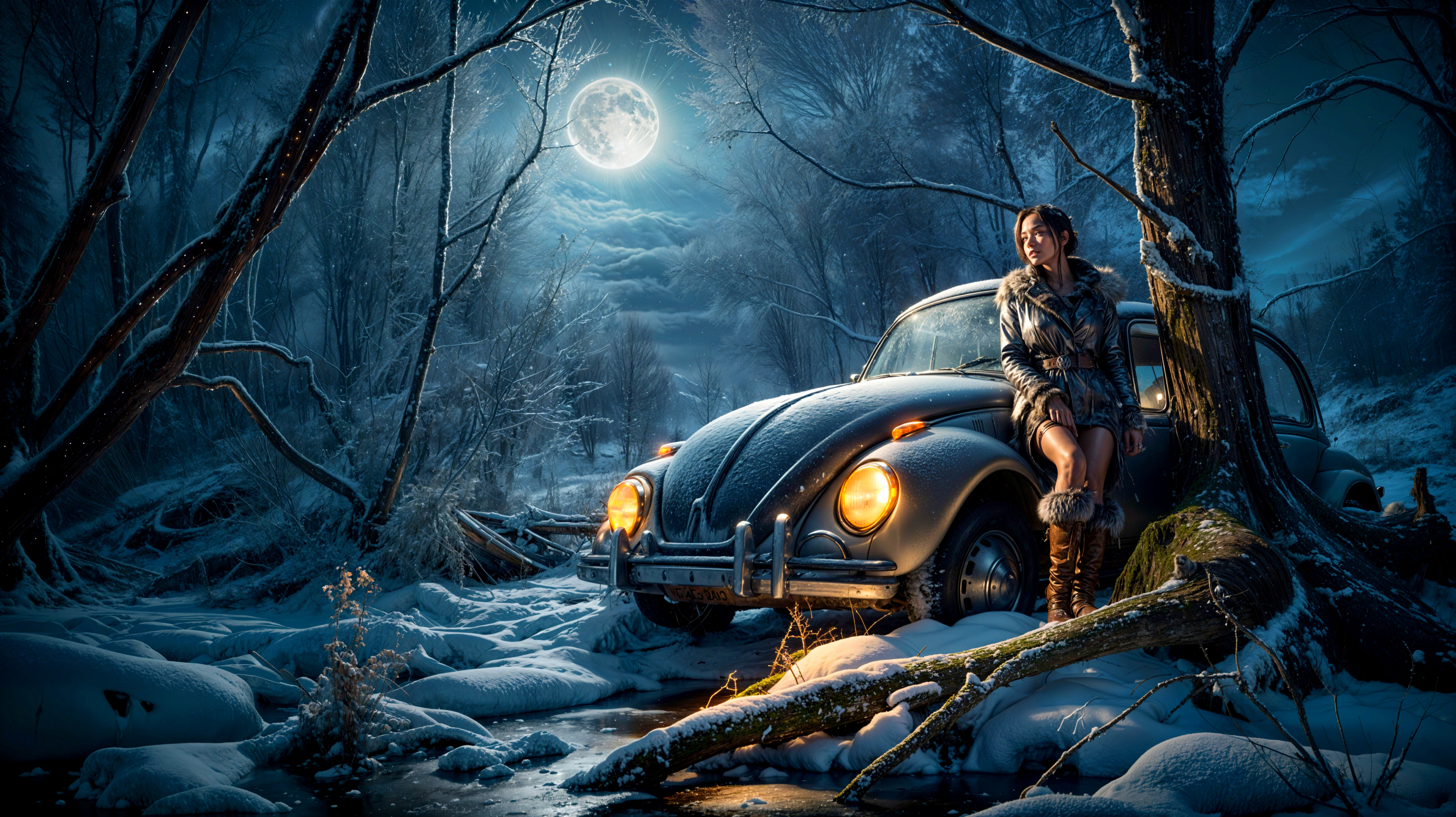 Moonlit Forest Scene with Vintage Car and Snow