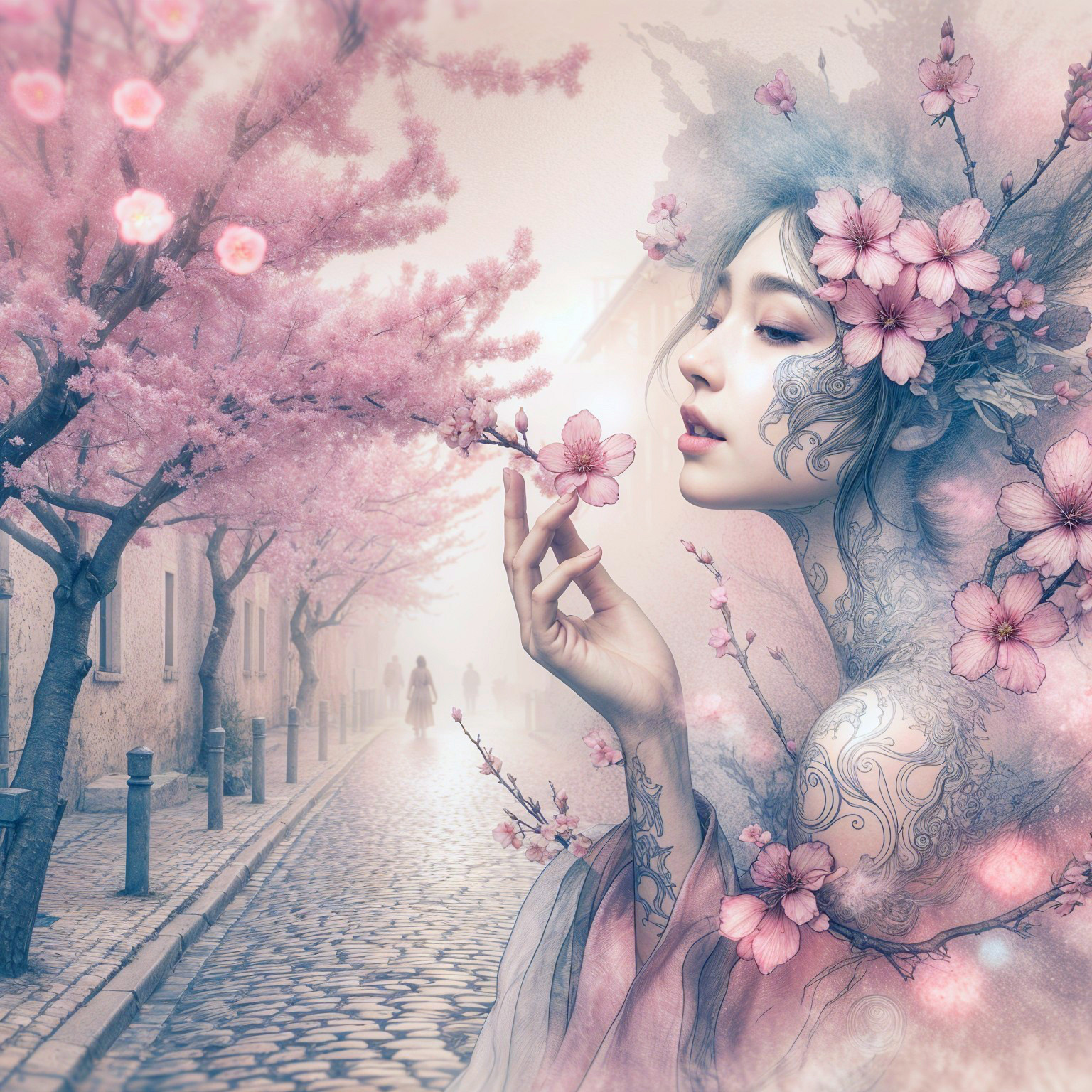 Young woman among blooming cherry blossoms and tattoos