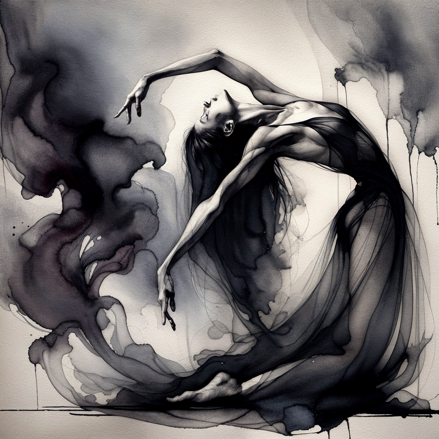 Ethereal Dancer Amidst Flowing Inky Brushstrokes